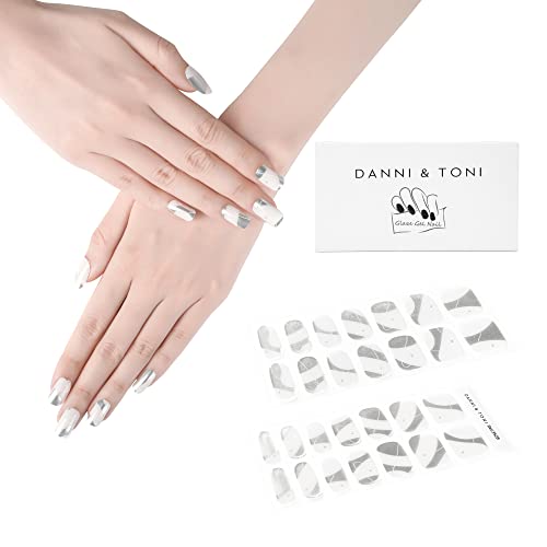 DANNI & TONI Semi Cured Gel Nail Strips - Amazing Day Silver & White Nail Wraps (28 Stickers) | DIY Salon-Quality Manicure at Home | Perfect for Parties, Weddings & Everyday Wear
