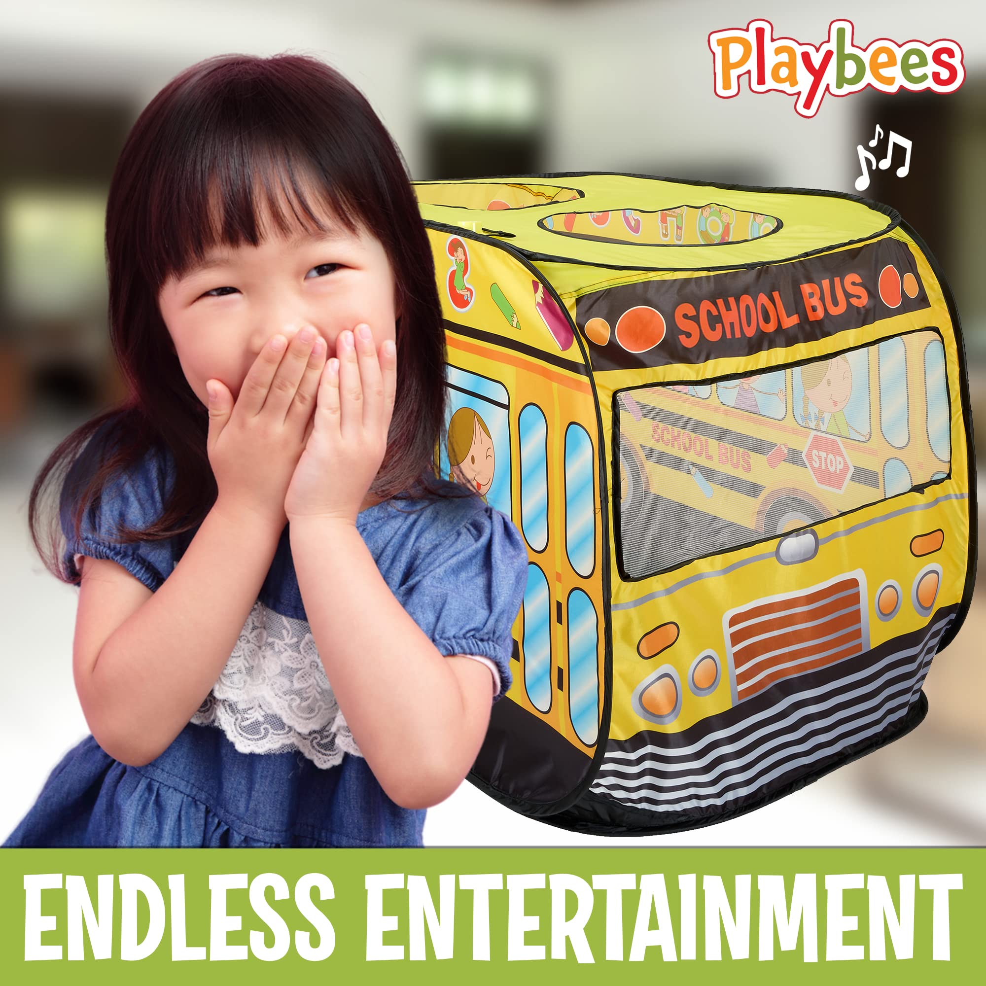 **Musical School Bus Pop Up Play Tent for Toddlers - Indoor & Outdoor Kids Playhouse with 3 Openings, Carry Bag & Sound Button - 43.5x28x26.5 Inch - Perfect for Pretend Play, Birthday Gifts & Daycare Activities**