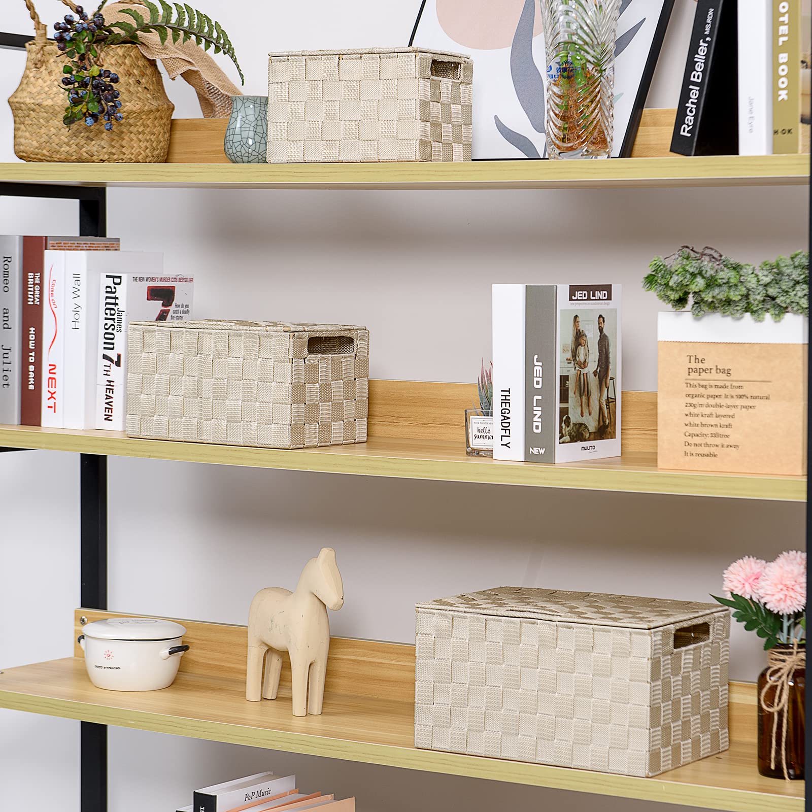 3-Pack Woven Storage Bins with Lids - Decorative Wicker Baskets for Closet, Office & Home Organization | Beige Storage Boxes for Clothes, Toys & Household Items