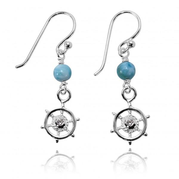 Larimar Nautical Helm Earrings - Handmade Sterling Silver Pirate Ship Wheel Jewelry for Women - Perfect for Beach Vacations, Cruise Trips, and Nautical Themed Parties
