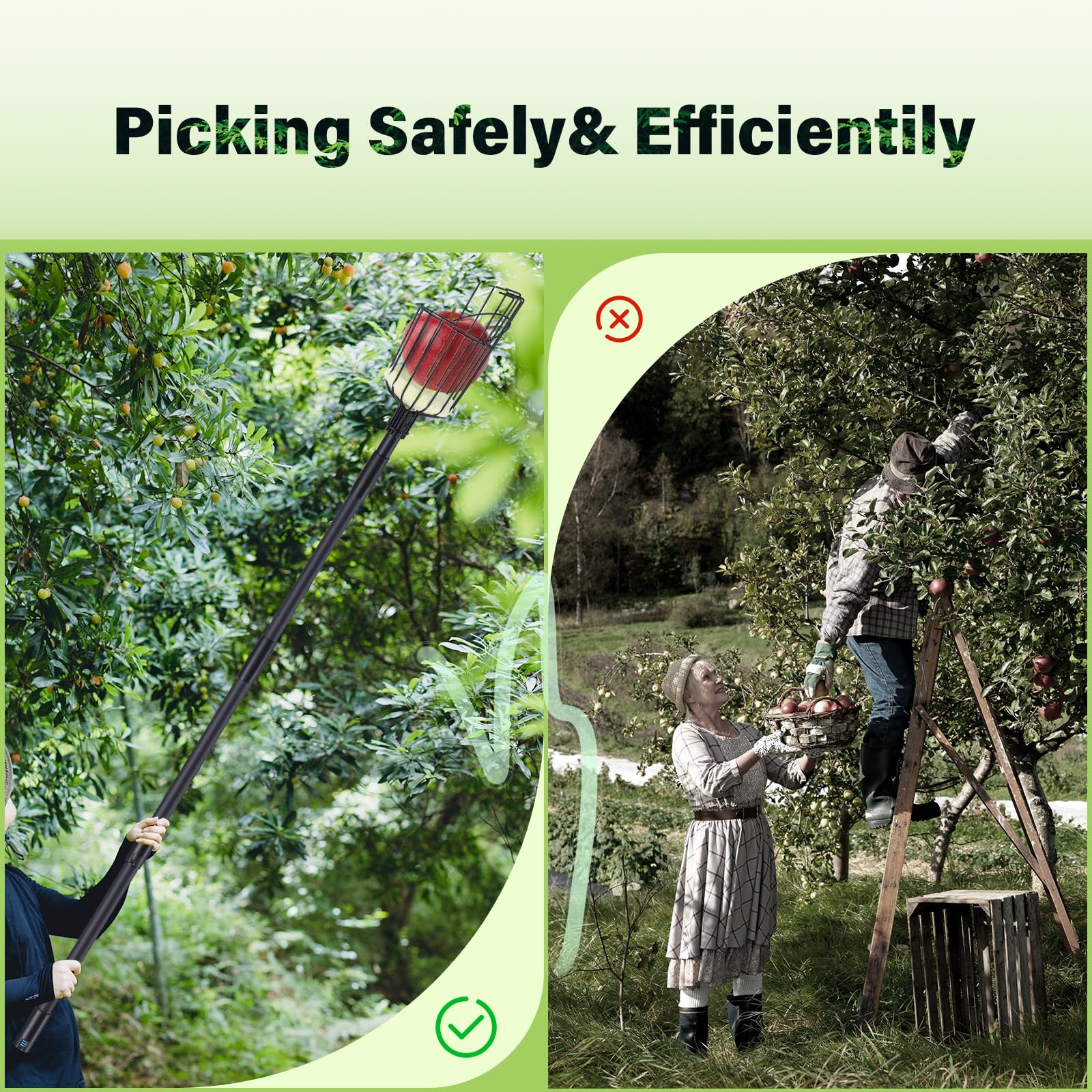 8.43FT Adjustable Fruit Picker Pole with Basket - Stainless Steel Handle Apple Picker Tool for Harvesting Mango, Pear, Orange & Avocados | Perfect for Home Gardening, Orchard Harvesting & Tall Tree Fruit Collection (Black)