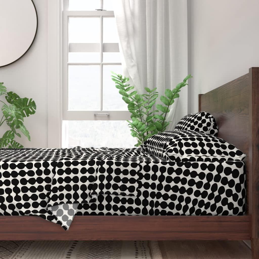 Premium 100% Cotton Twin 3-Piece Sheet Set - Black & Cream Midcentury Modern Dots Bold Monochrome Retro Abstract Print Custom Bedding | Soft Breathable Bed Sheets for Home, Dorm & Guest Room