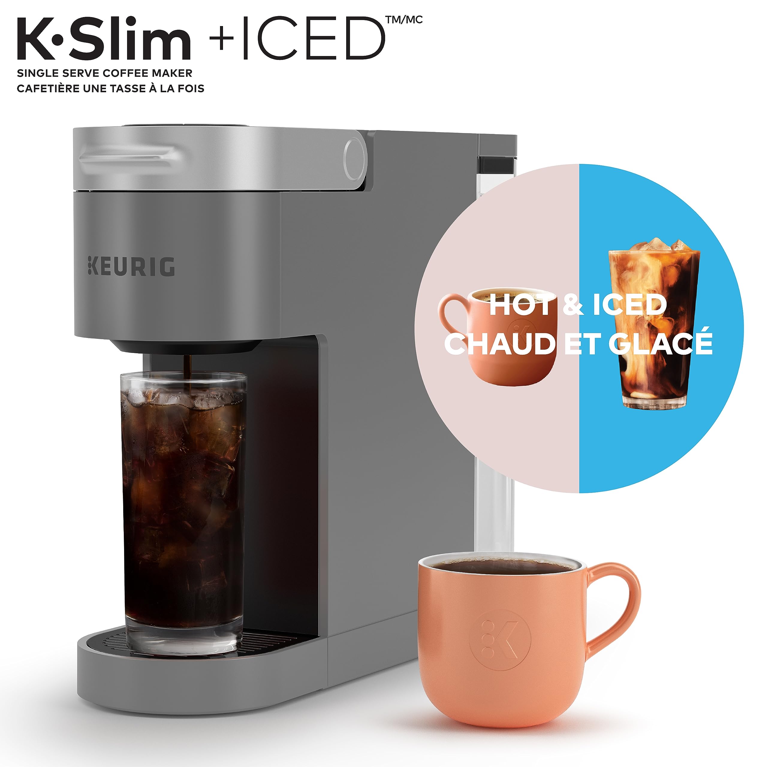 Keurig K-Slim + ICED Single Serve Coffee Maker - Compact & Fast Brewing for 8-12oz Cups (Gray) - Perfect for Home, Office, or Travel Use