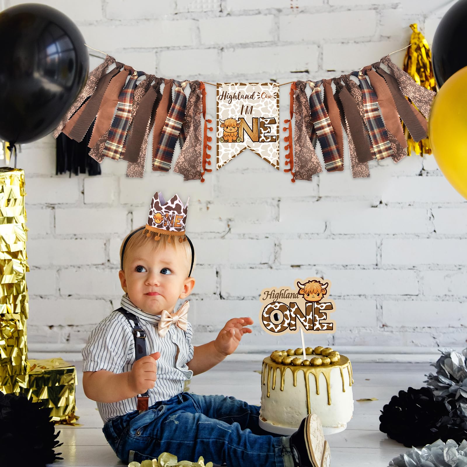 3 Pcs Highland Cow Birthday Decorations Set - High Chair Banner, Cowboy Hat Cake Topper & First Rodeo Banner for Western Themed 1st Birthday Party Supplies | Perfect for Baby Boy/Girl Cowboy Party Decor