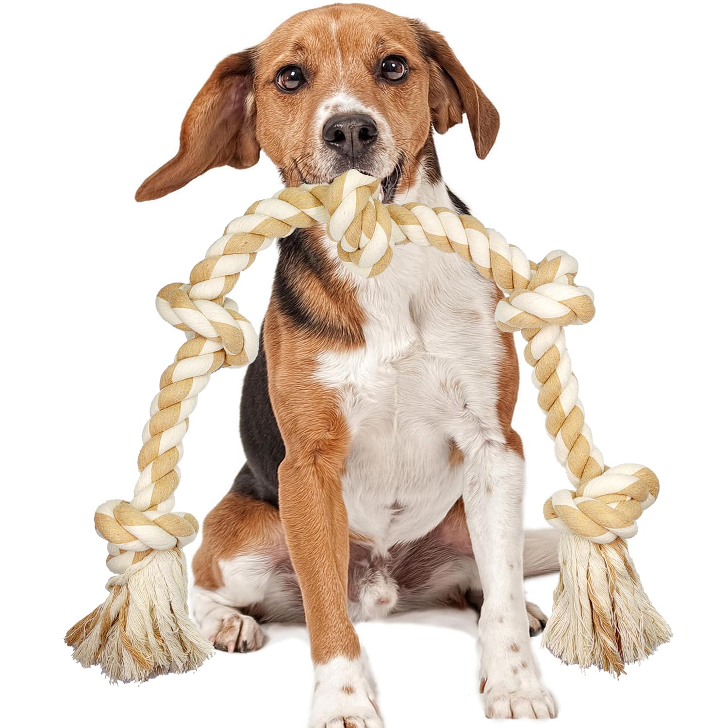 Durable Interactive Dog Rope Toy for Aggressive Chewers - Tough Chew Toys for Medium & Large Breed Dogs - Teeth Cleaning, Outdoor Play & Tug of War Game (Large 5-Knot Beige) - Perfect for Training, Bonding & Playtime in Backyard or Park