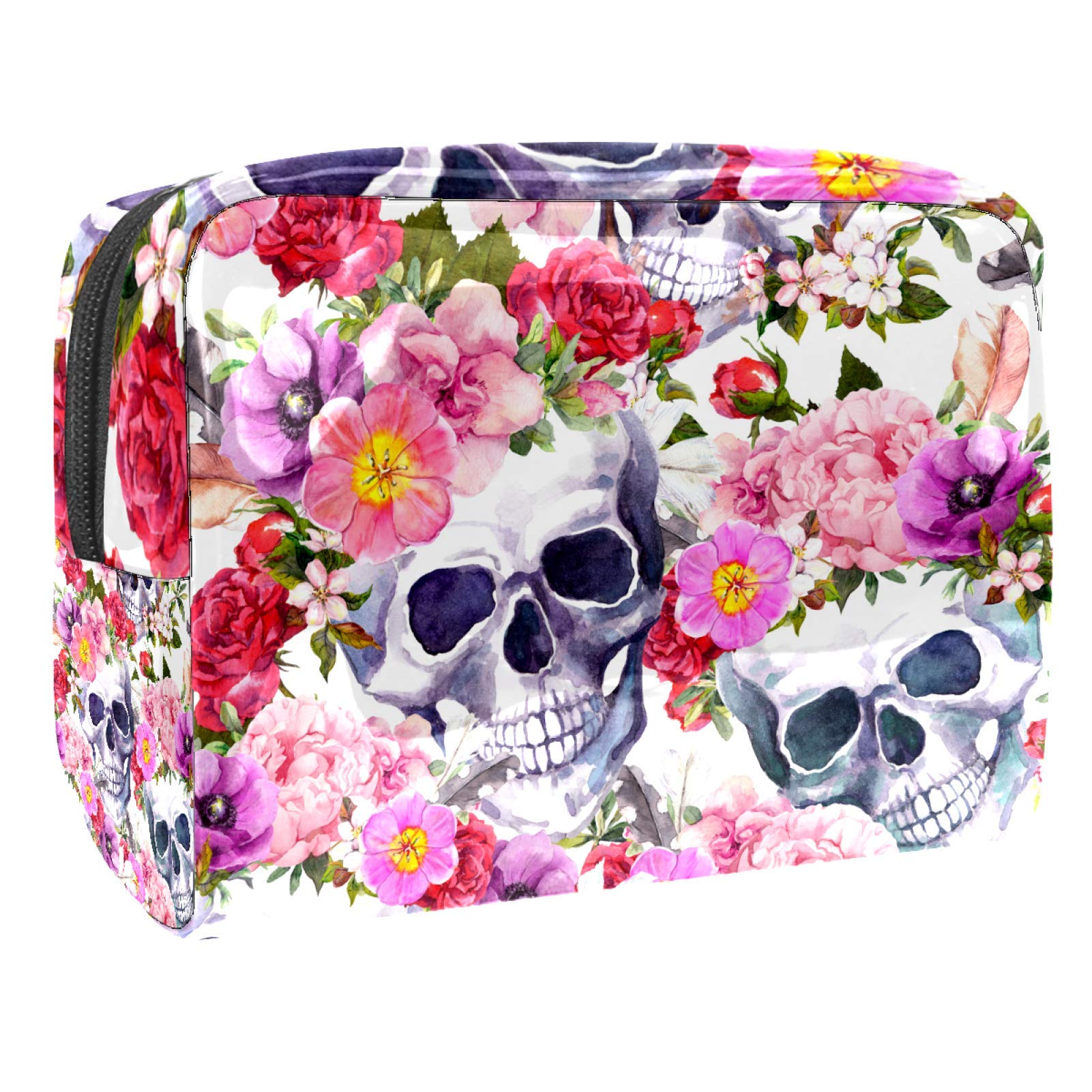 Portable Waterproof Makeup Bag with Zipper - Travel Toiletry Organizer for Women, Cosmetic Pouch with Sugar Skull Rose Floral Design - Perfect for Travel, Gym, and Daily Beauty Storage