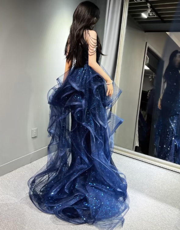 Navy Blue Sequin Mermaid Prom Dress with Ruffle Hem - Elegant Evening Gown for Homecoming, Pageant & Formal Events - J6616