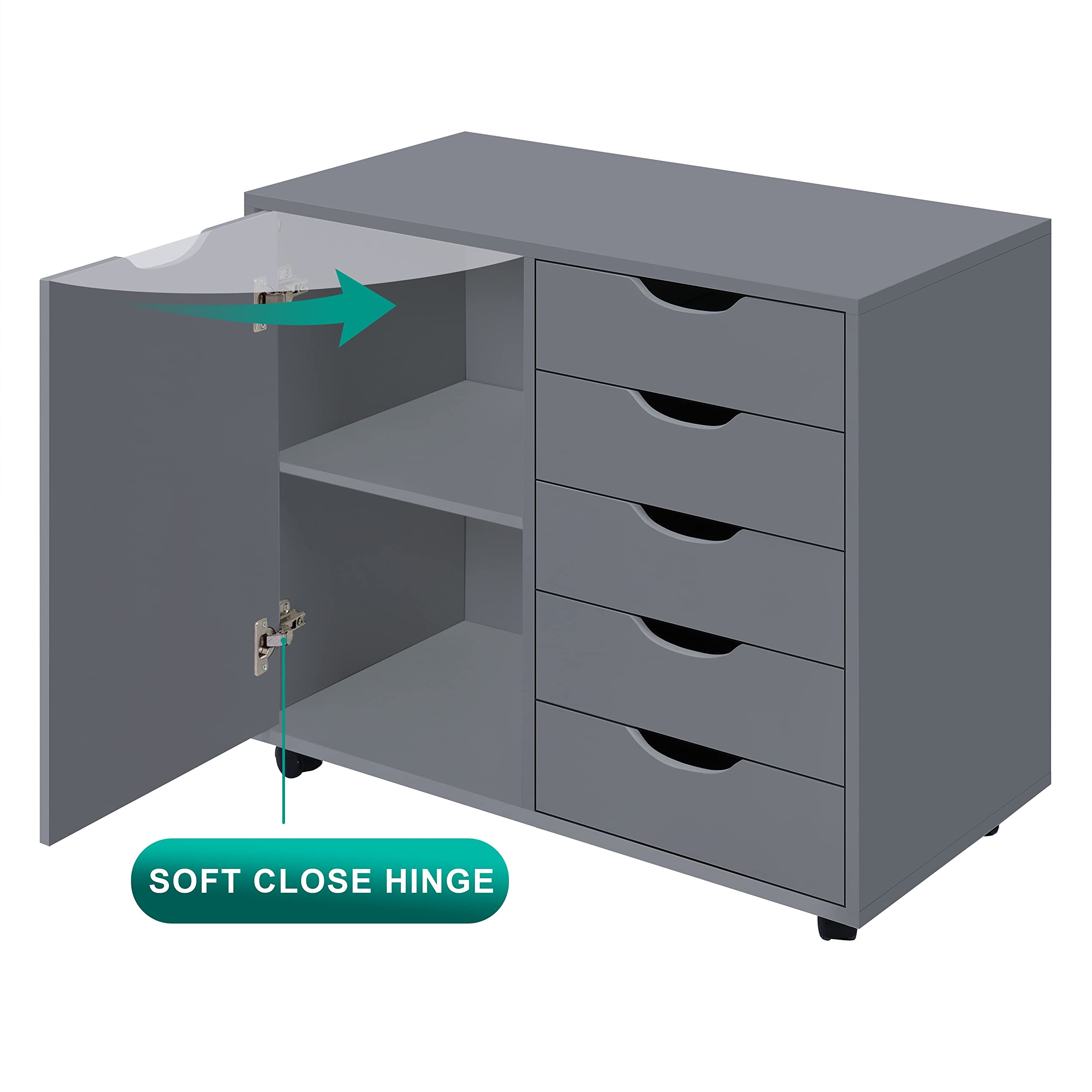 Naomi Home Office Wooden Lateral File Cabinet - 5 Drawer with Shelf, Mobile Storage Cabinet for Documents & Supplies - Perfect for Home Office Organization & Small Business Filing Needs (Gray)