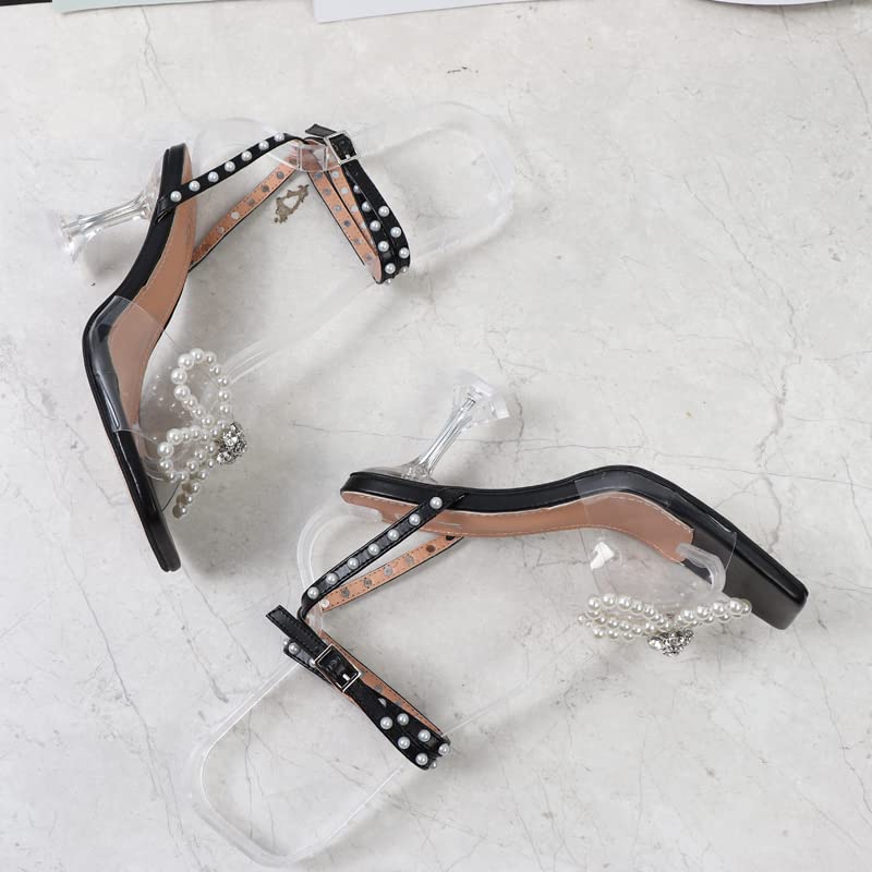 LISHAN Women's Square Toe Pearl Ankle Strap Bowknot High Heel Sandals - Elegant Stiletto Heels for Party, Prom, Wedding & Evening Events