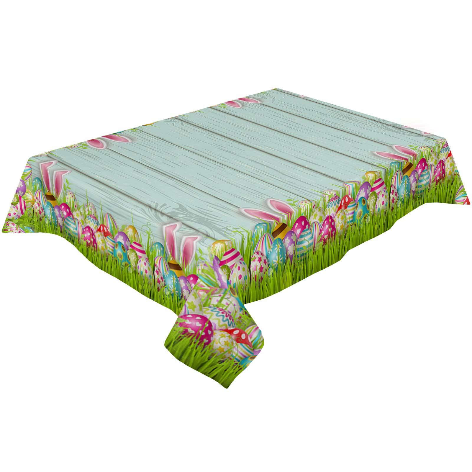 Happy Easter Tablecloth - Washable Fabric Rectangle Table Cover with Colorful Easter Eggs, Bunny & Spring Grass Design - 60x90 Inch - Perfect for Kitchen, Dining Table, Banquet, Easter Party & Holiday Dinner Decorations - Ideal for Spring Celebrations, Family Gatherings & Festive Home Decor