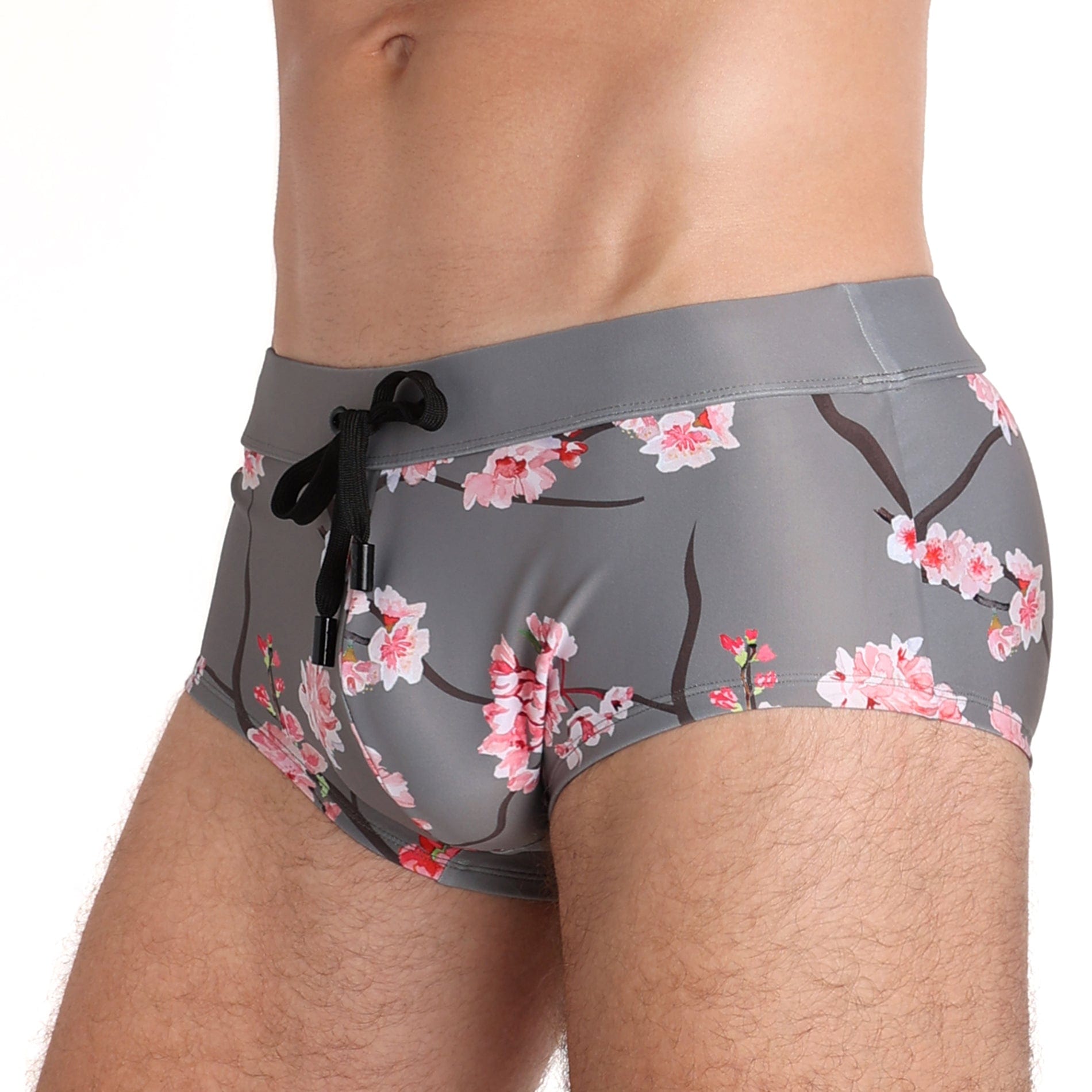 Men's Quick-Dry Cherry Blossom Print Swim Trunks - Lightweight Beach Shorts for Swimming, Surfing & Summer Vacation | Grey Floral Design