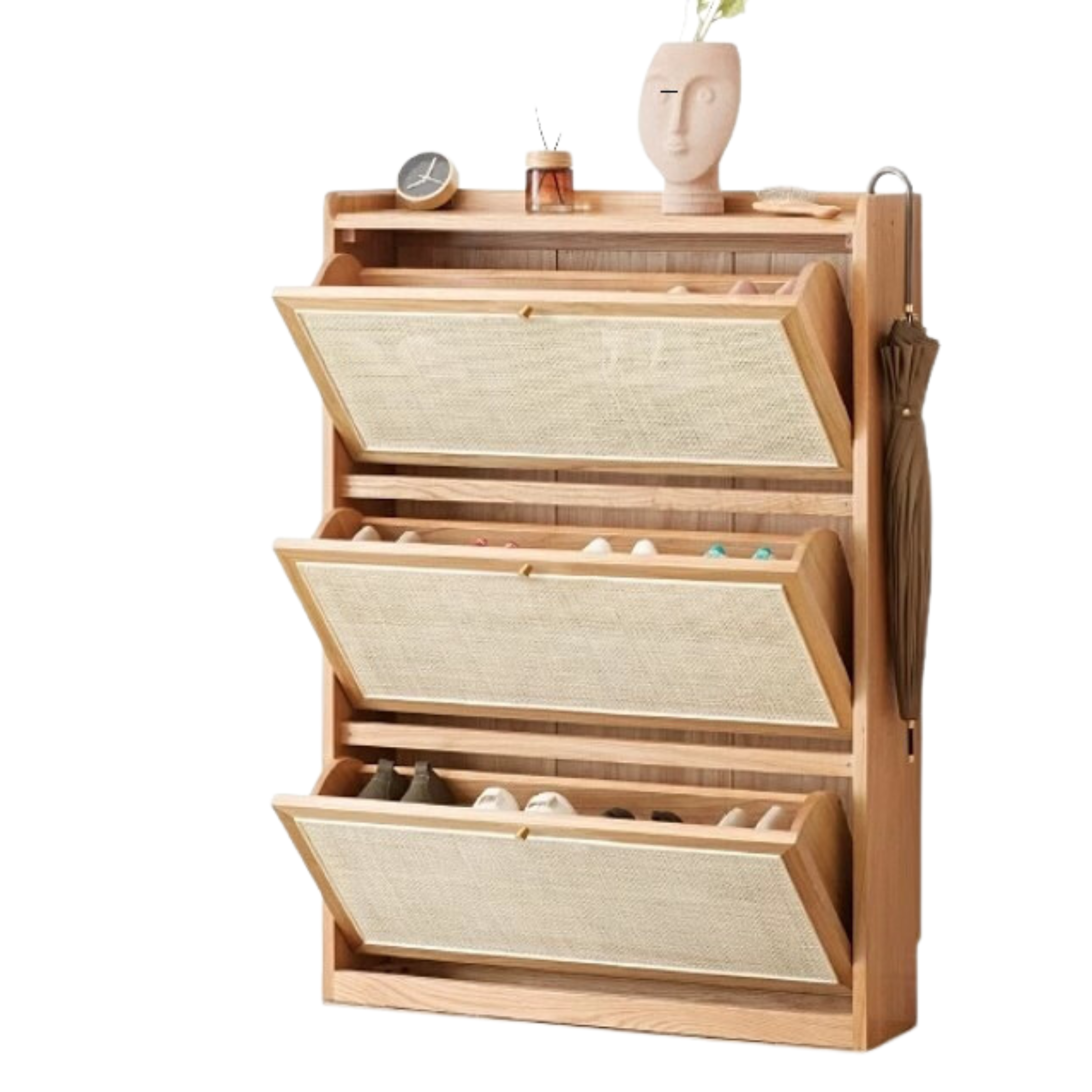 Oak Solid Wood Ultra Thin Flap Door Rattan Shoe Cabinet - Space Saving Entryway Storage Organizer for Hallway, Closet & Mudroom