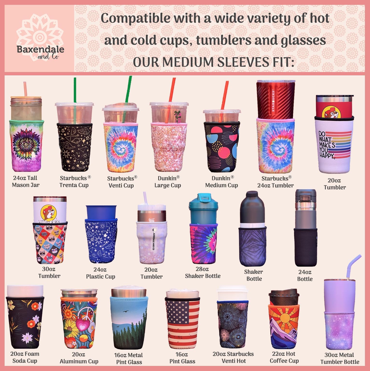 Baxendale Neoprene Iced Coffee Sleeve Cups - 2 Pack, Fits 22-24oz Tumblers, Reusable & Insulated Coffee Cup Holder (Sprinkles Design) - Perfect for Iced Coffee, Cold Drinks & Travel Mugs at Home, Office or On-the-Go