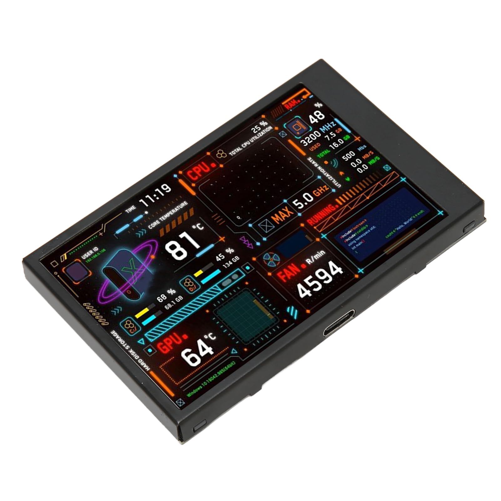 ZJchao 3.5 Inch IPS Computer CPU Temperature Monitor with Dimmable Display, Dual USB-C Ports & Customizable Theme Editor - Real-Time PC Performance Tracking for Gaming, Workstations & Home Office Setups