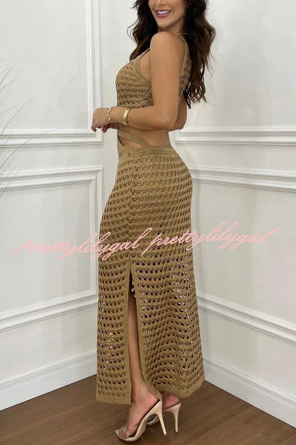 Elegant Knit Texture Ring Side Waist Cutout Stretch Maxi Dress for Women - Perfect for Date Night, Cocktail Parties & Summer Vacations