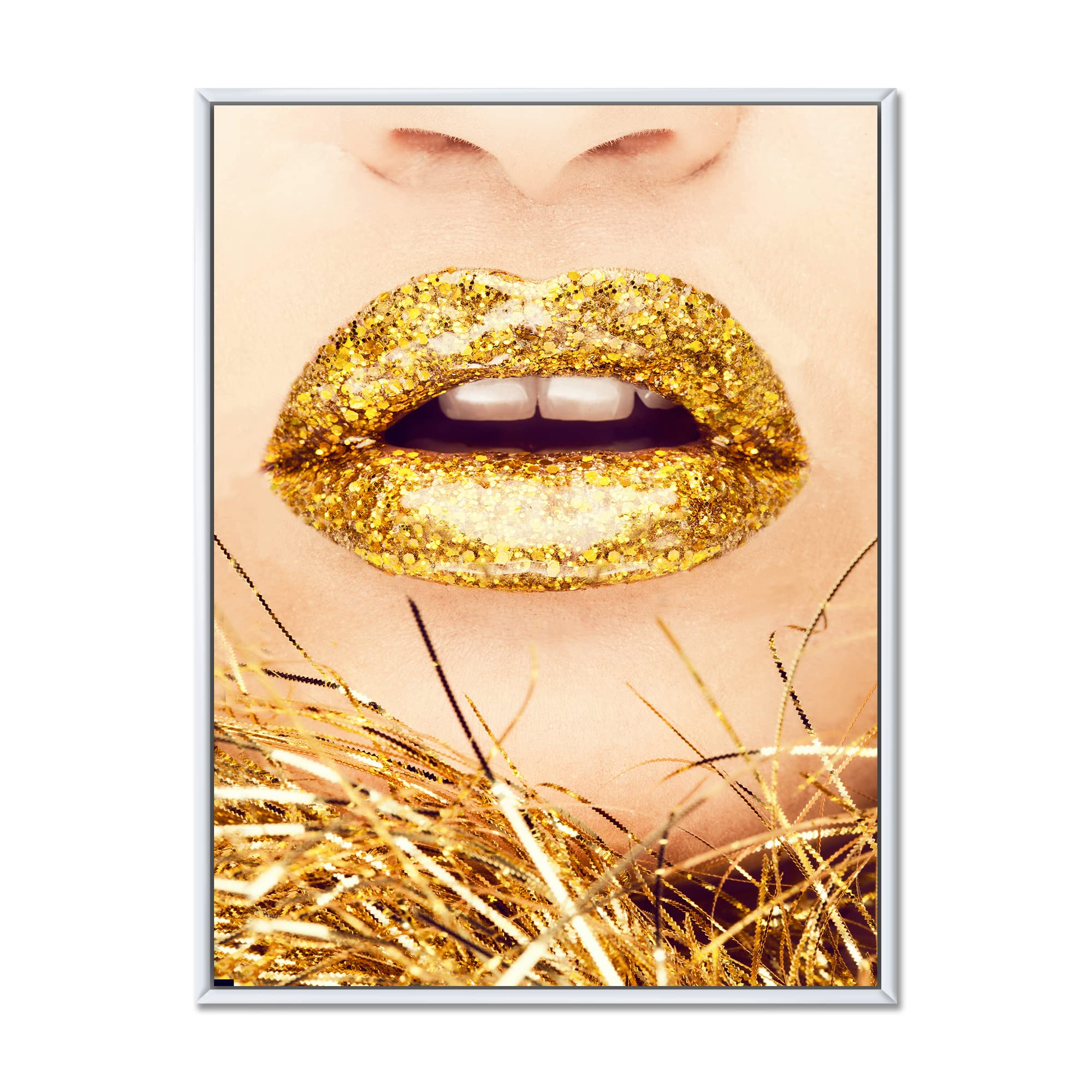 Golden Woman Lips I - Modern Framed Canvas Wall Art Print for Home & Office Decor | Elegant Contemporary Painting for Living Room, Bedroom, or Gift