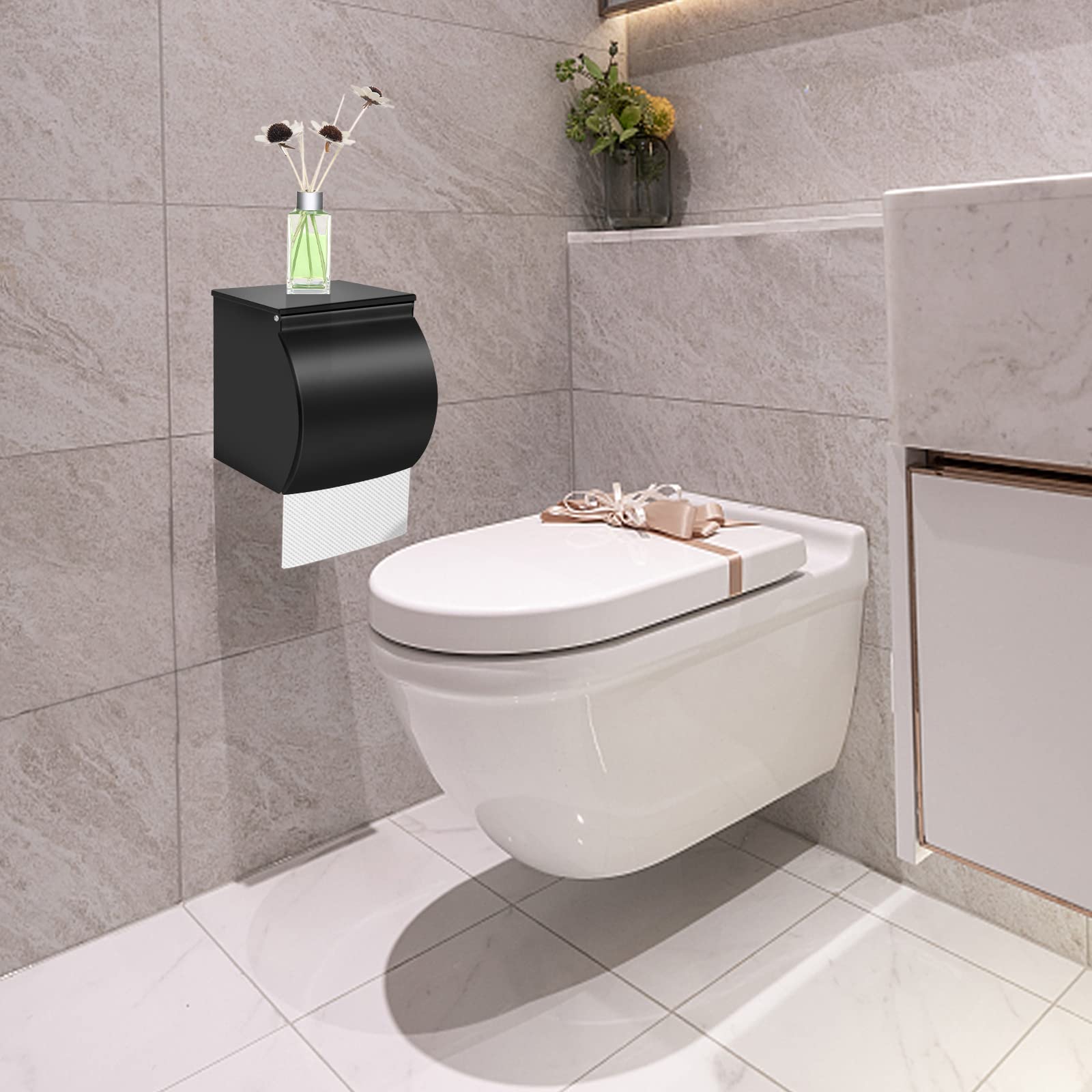 Stainless Steel Self-Adhesive Toilet Paper Holder - Waterproof, Pet-Proof Bathroom Tissue Roll Holder - Matte Black - Perfect for Bathrooms, RVs, and Small Spaces