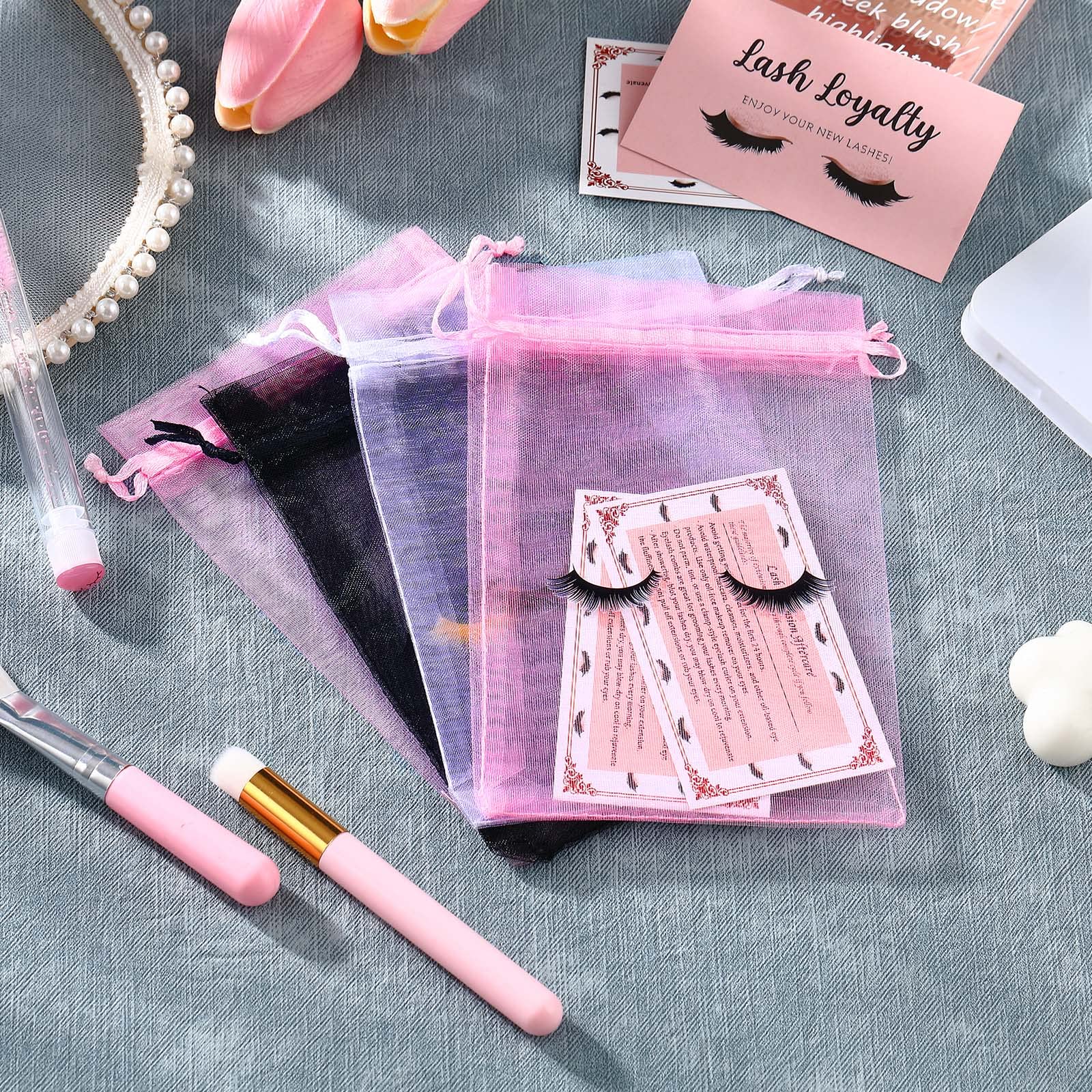 100 Pcs Eyelash Extension Aftercare Bags - 4x6 Inch Multicolor Organza Drawstring Cosmetic Pouches for Makeup, Jewelry & Beauty Supplies - Perfect for Lash Artists, Bridal Gifts & Travel Essentials