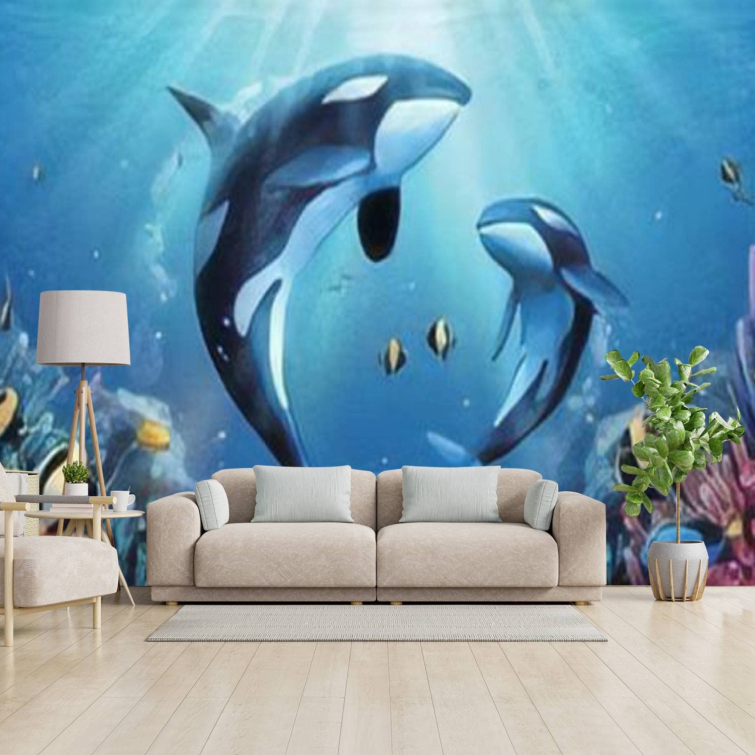 3D Removable Wallpaper Peel and Stick - Adorable Killer Whales Family Wall Mural Looking Up Towards Sea Surface | Modern Wall Stickers for Living Room, Bedroom, Nursery & Office Decor | Easy DIY Home Decoration