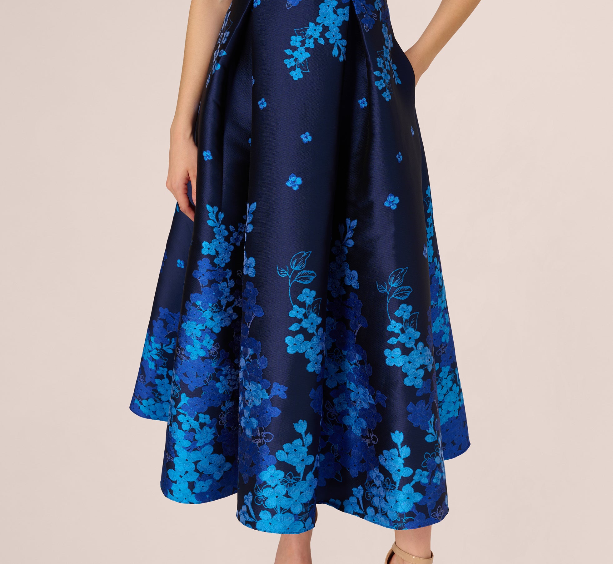 Blue Floral Jacquard Midi Dress - Square Neck Sleeveless Summer Dress for Women | Perfect for Beach Vacations, Garden Parties & Date Nights