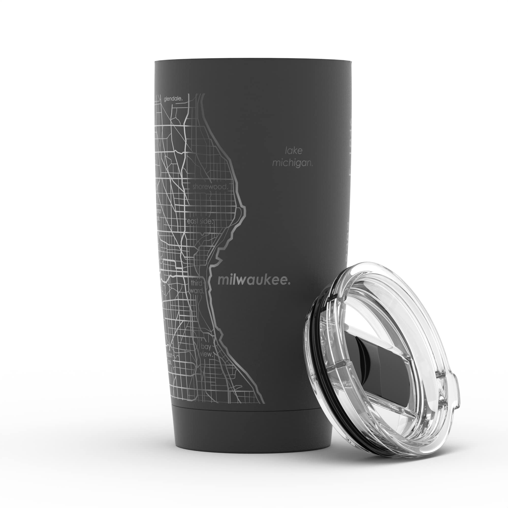 Engraved Milwaukee Wisconsin Map Insulated Coffee Tumbler - 20oz Stainless Steel Travel Mug with Etched City Design (Black) - Perfect for Outdoor Adventures, Commuting & Office Use
