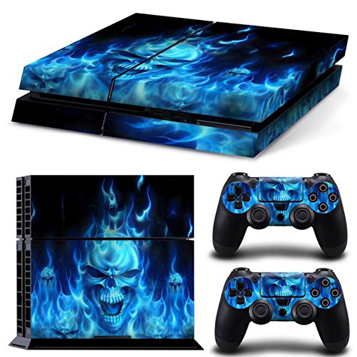 Gam3Gear Blue Flame Skull Vinyl Decal Sticker for PS4 Console & Controller (Not Compatible with PS4 Slim/Pro) - Protective Skin Cover for Gaming Accessories & Customization
