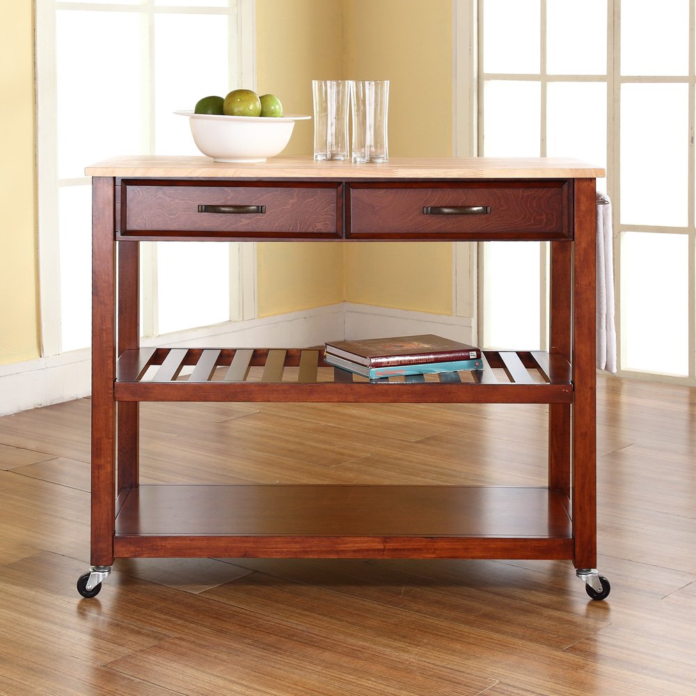Crosley Wood Top Kitchen Prep Rolling Cart with Shelves & Drawers - Microwave Stand, Coffee Bar Station - Cherry Finish for Small Spaces & Apartment Living