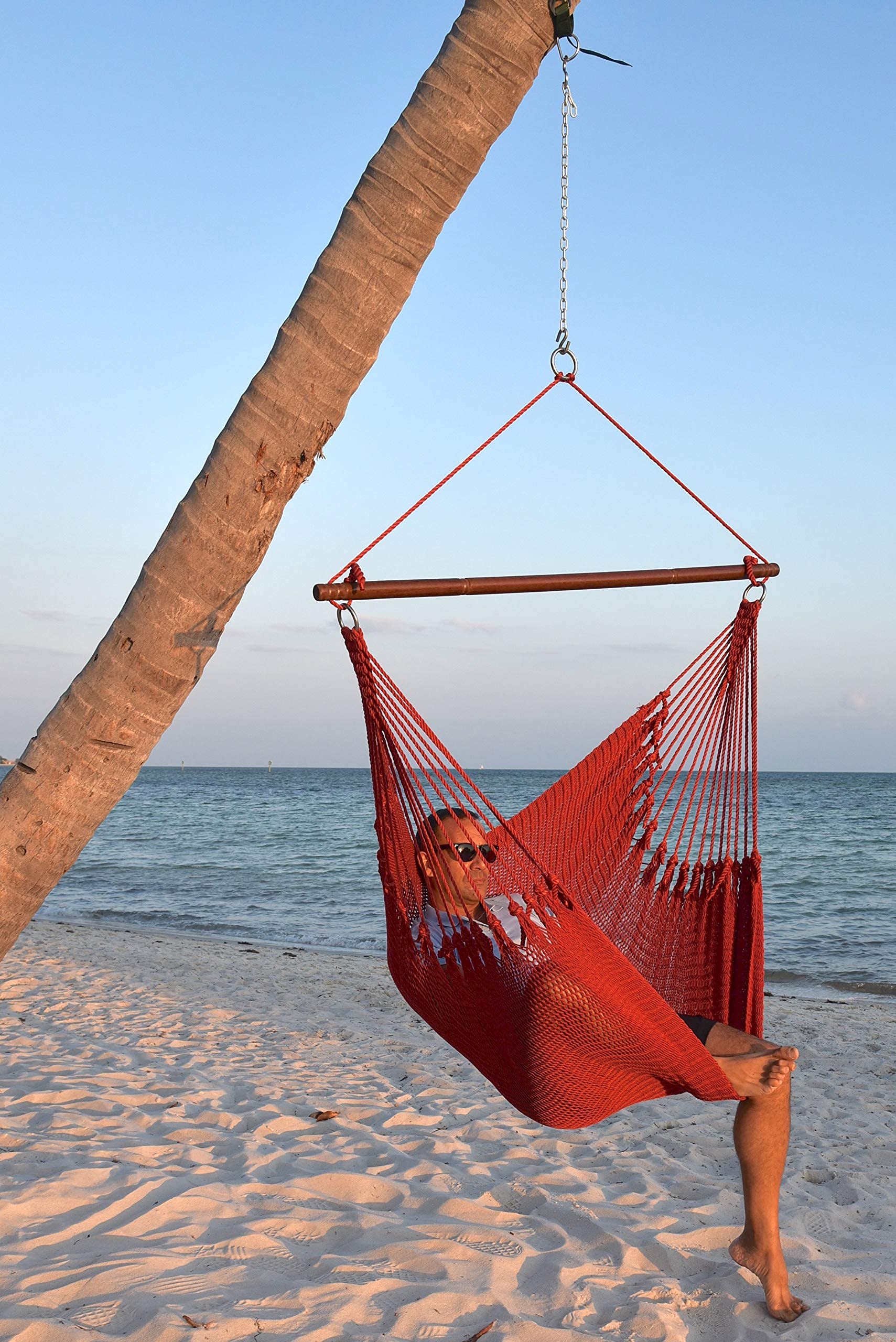 Jumbo Caribbean Hammock Chair with Footrest - 55 Inch Oversized Hanging Swing Chair - Soft-Spun Polyester Fabric - Red Relaxation Chair for Indoor/Outdoor Use - Perfect for Patio, Garden, Balcony & Backyard Lounging