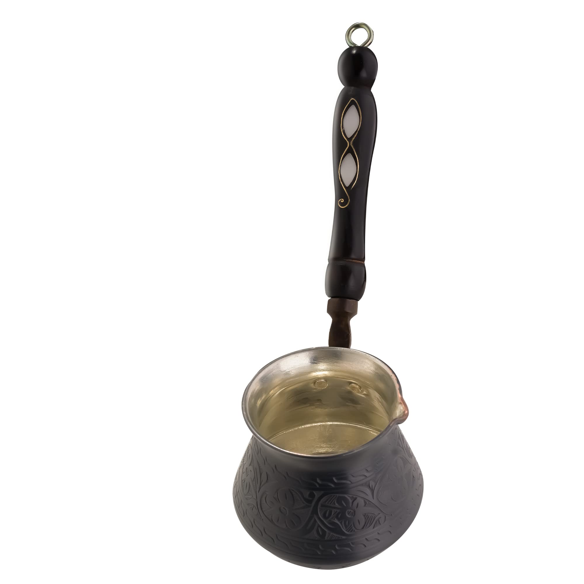 BCS 12 Oz Copper Turkish Greek Arabic Coffee Pot with Wooden Handle - Traditional Cezve Ibrik Briki Stovetop Coffee Maker for 4 Servings - Includes Free Wooden Spoon - Perfect for Home Brewing, Camping & Gift Giving