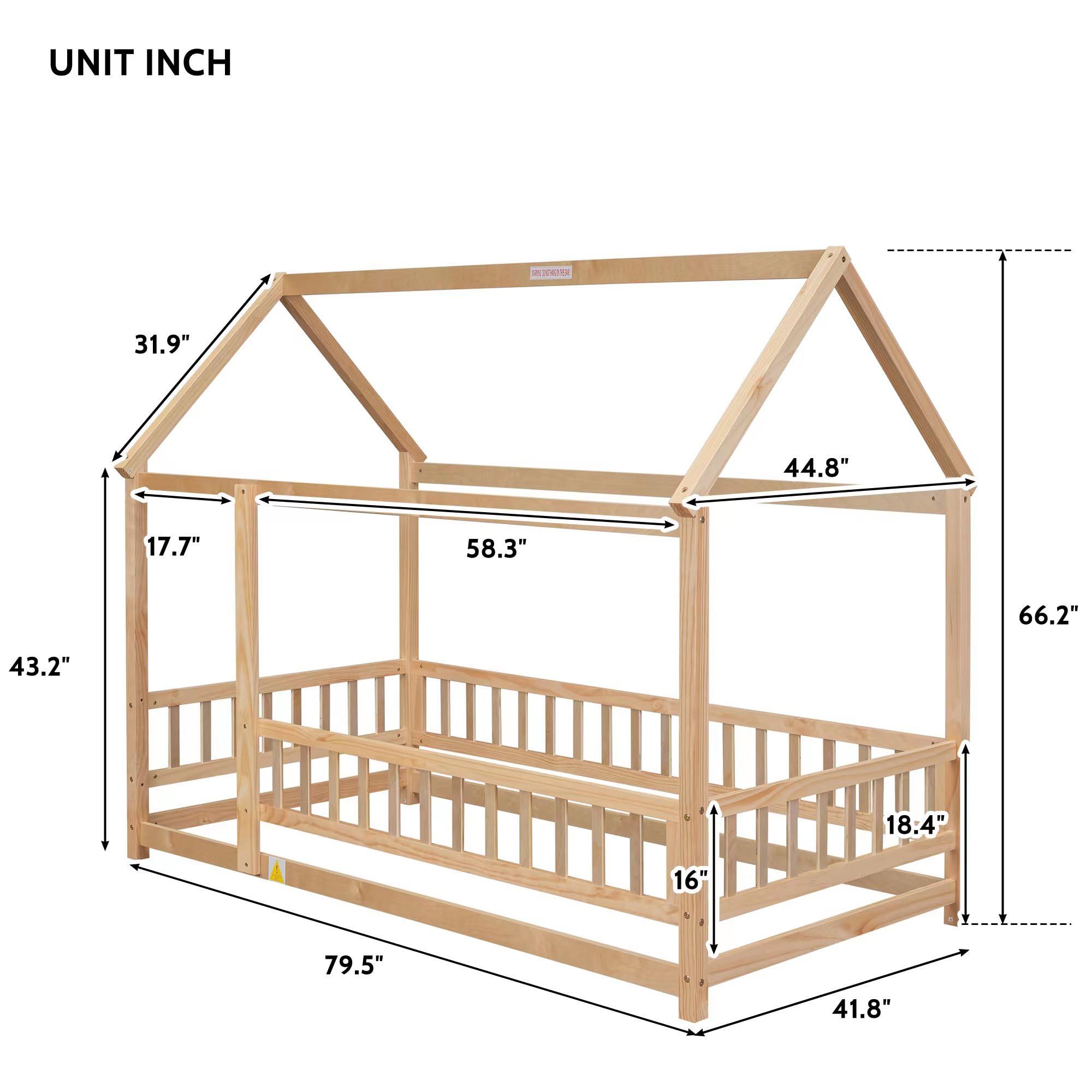 Bellemave Twin Size Wooden Montessori Floor Bed Frame with Safety Fence for Kids - Natural Wood Toddler Bed for Nursery, Daycare & Montessori Classroom - Perfect for Safe Sleep & Play Areas