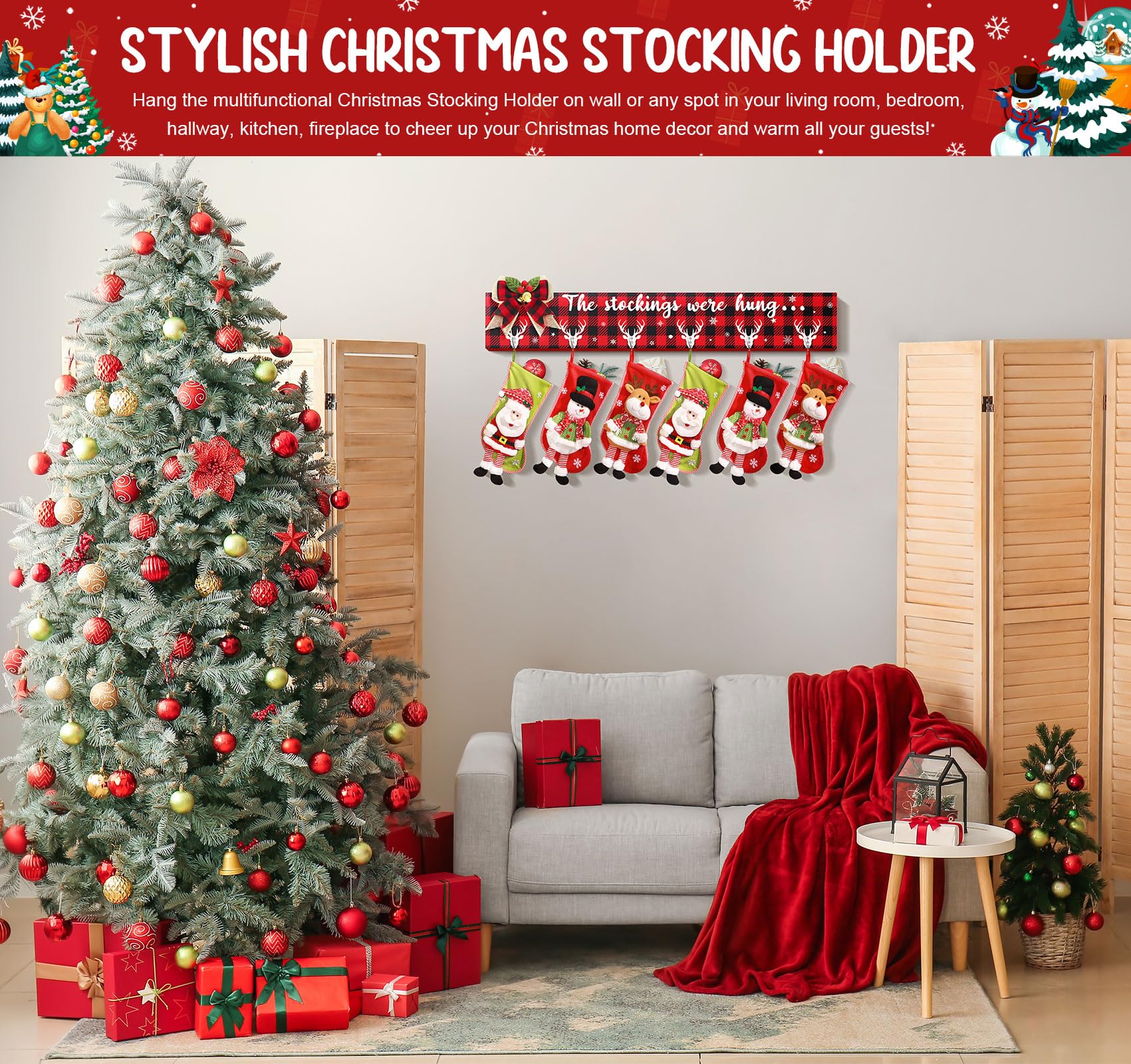 Buffalo Plaid Christmas Stocking Holder Set - 6 Collapsible Wall Hanging Hooks for Fireplace Mantel Decor (28.4 Inch) - Perfect for Holiday Home Decor & Christmas Stocking Display