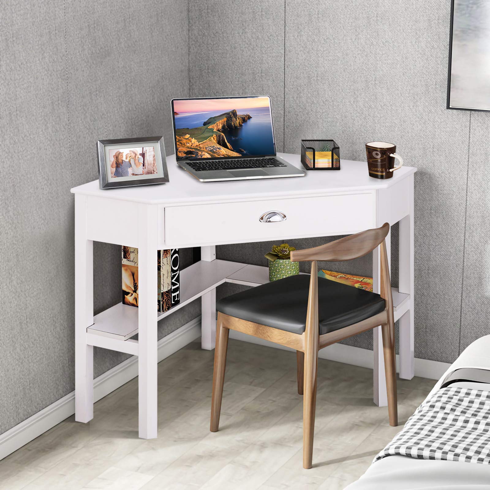 GOFLAME Compact Wooden Corner Desk with Drawer & Shelves - Space-Saving Home Office Workstation for Laptop & PC - Perfect for Small Spaces, Apartments & Dorm Rooms - White