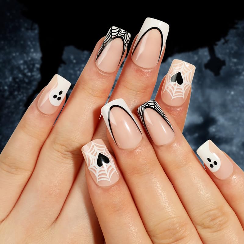 **Halloween Press on Nails - 24Pcs Square Fake Nails with French Design, Opaque Acrylic Glue on False Nails for Women (12 Sizes) - Perfect for Halloween Parties, Costumes & Nail Art**