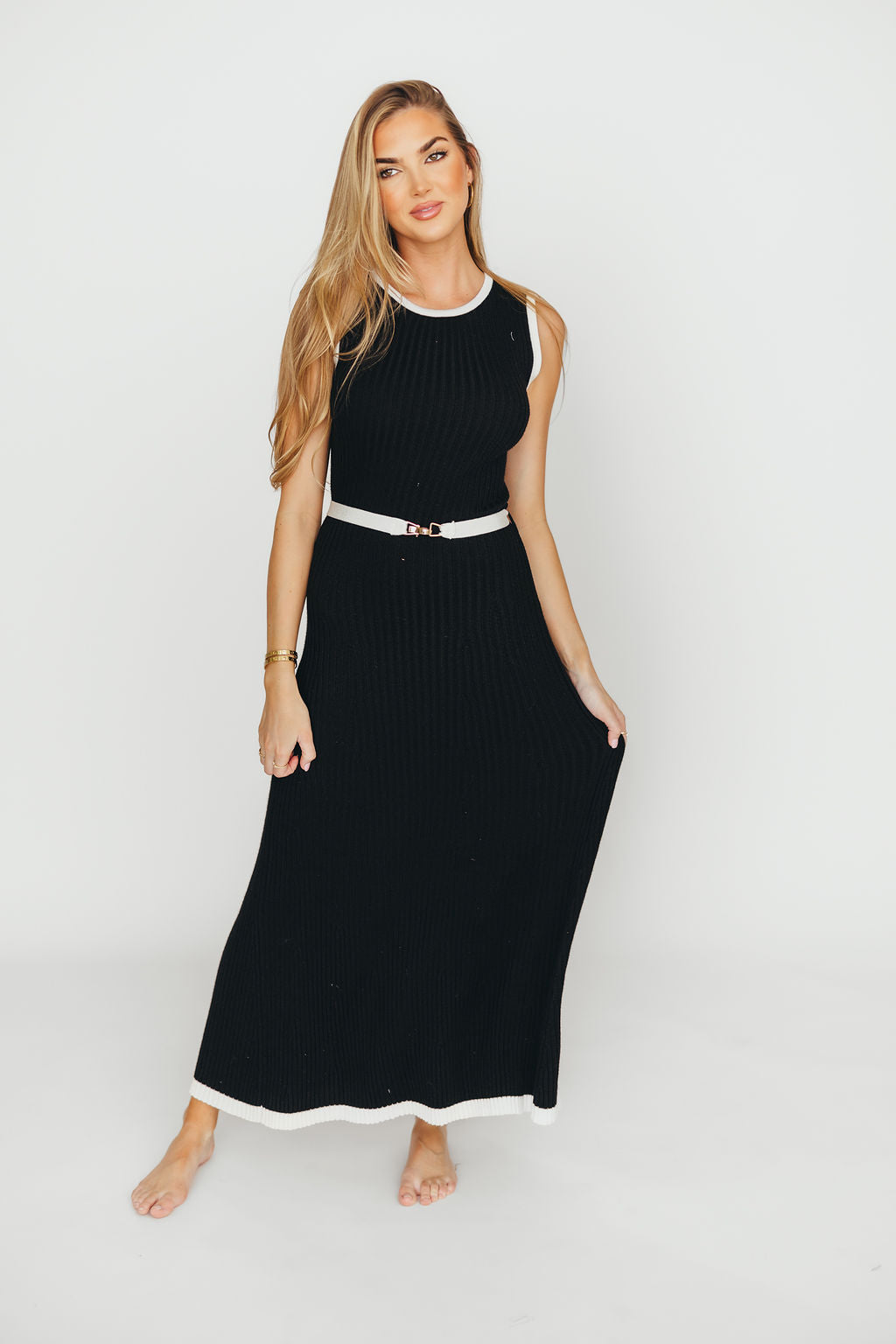 Drew Sleeveless Ribbed Knit Midi Dress - Black & White | Women's Stretchy Bodycon Dress for Casual Outings, Date Nights & Summer Vacations