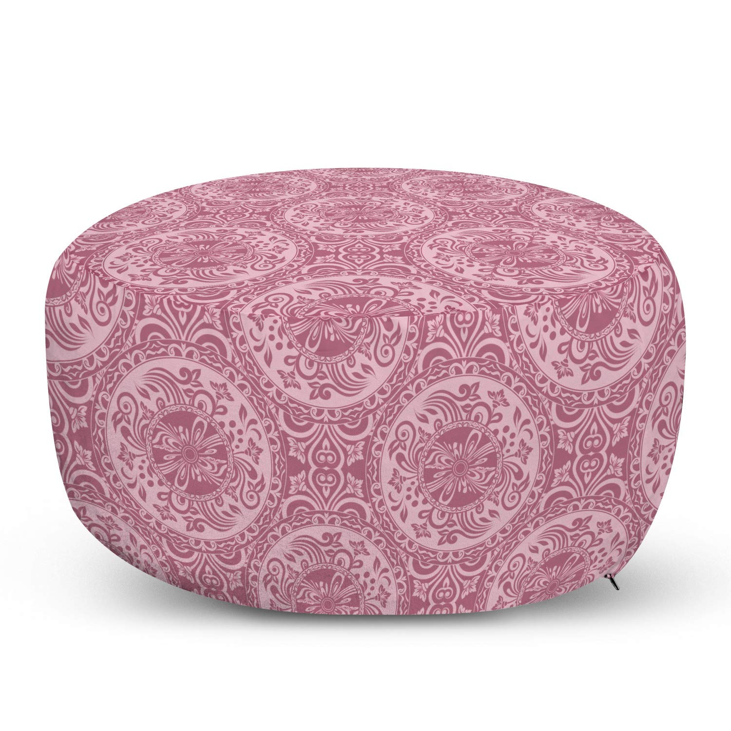 Ambesonne Damask Ottoman Pouf - Monochrome Floral and Geometric Design, Decorative Foot Rest with Removable Cover for Living Room & Bedroom - Perfect for Relaxing, Reading, or Extra Seating (Dried Rose & Rose Color)