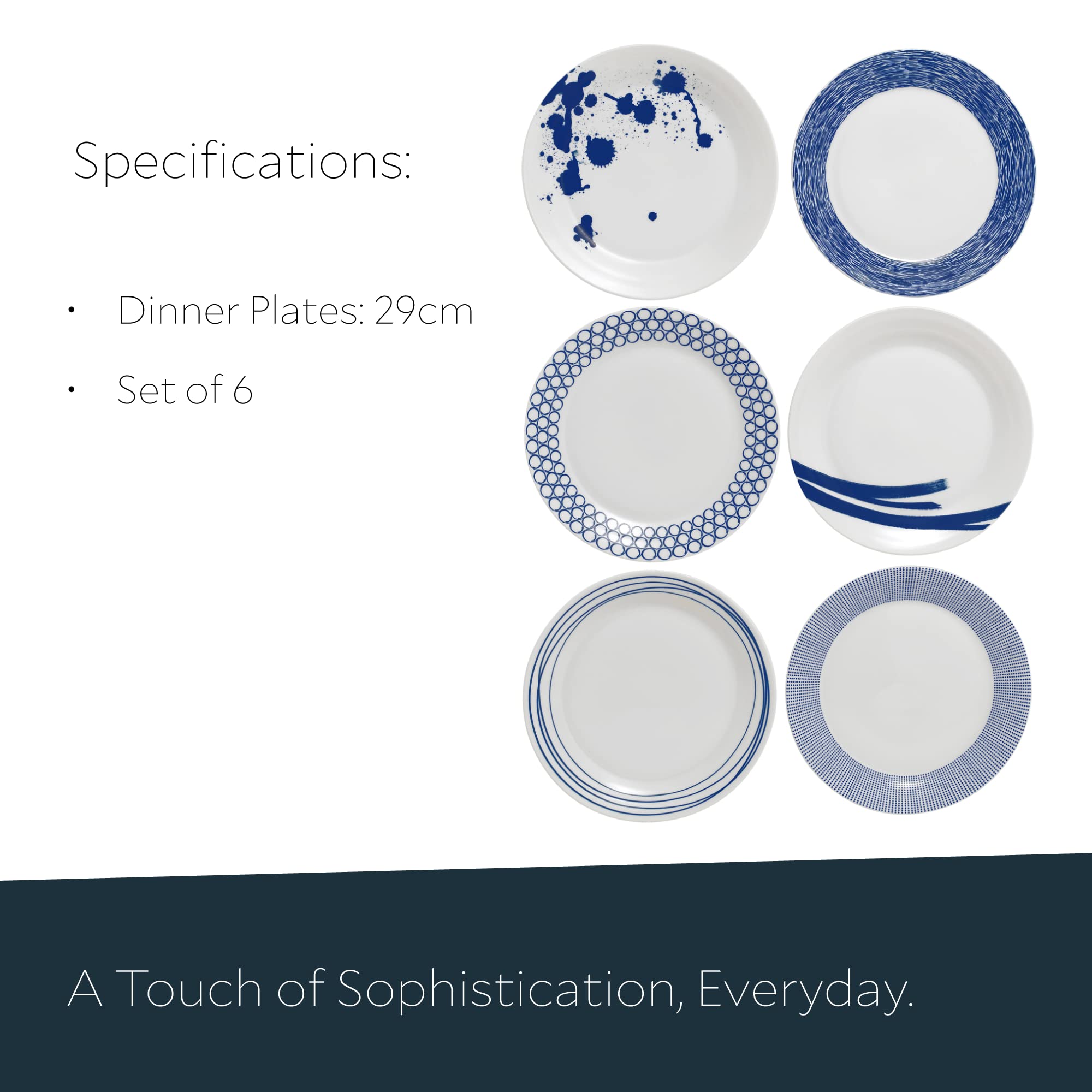 Royal Doulton Pacific Mixed Patterns Dinner Plates 11.4 Inch - Blue and White Ceramic Plates Set of 6 - Elegant Dinnerware for Formal Dining, Parties & Home Decor