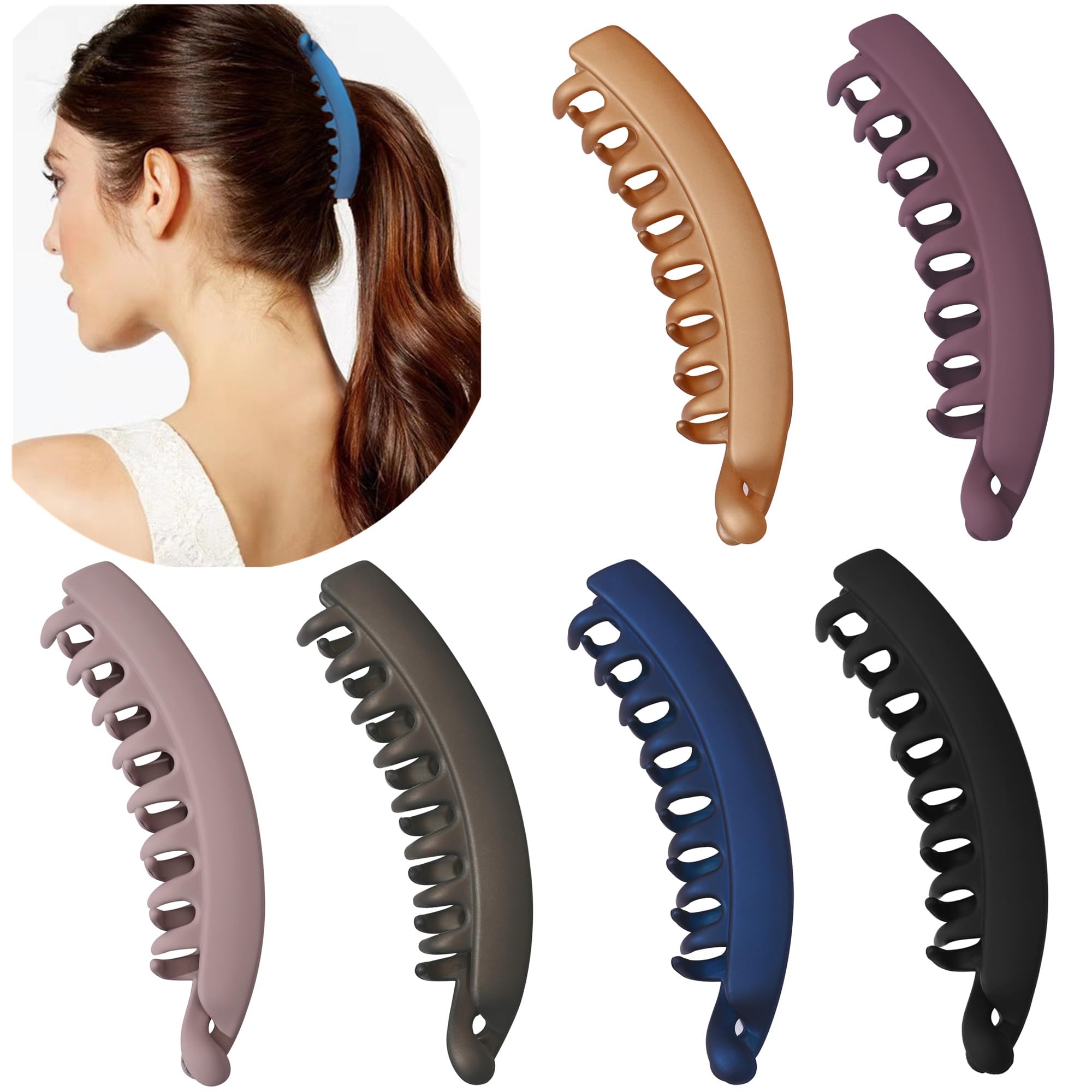 6 Pack Large Banana Hair Clips for Women - 5 Inch Non-Slip Hair Claw for Thin, Fine or Thick Hair - Perfect for Ponytails, Buns and Everyday Hairstyles