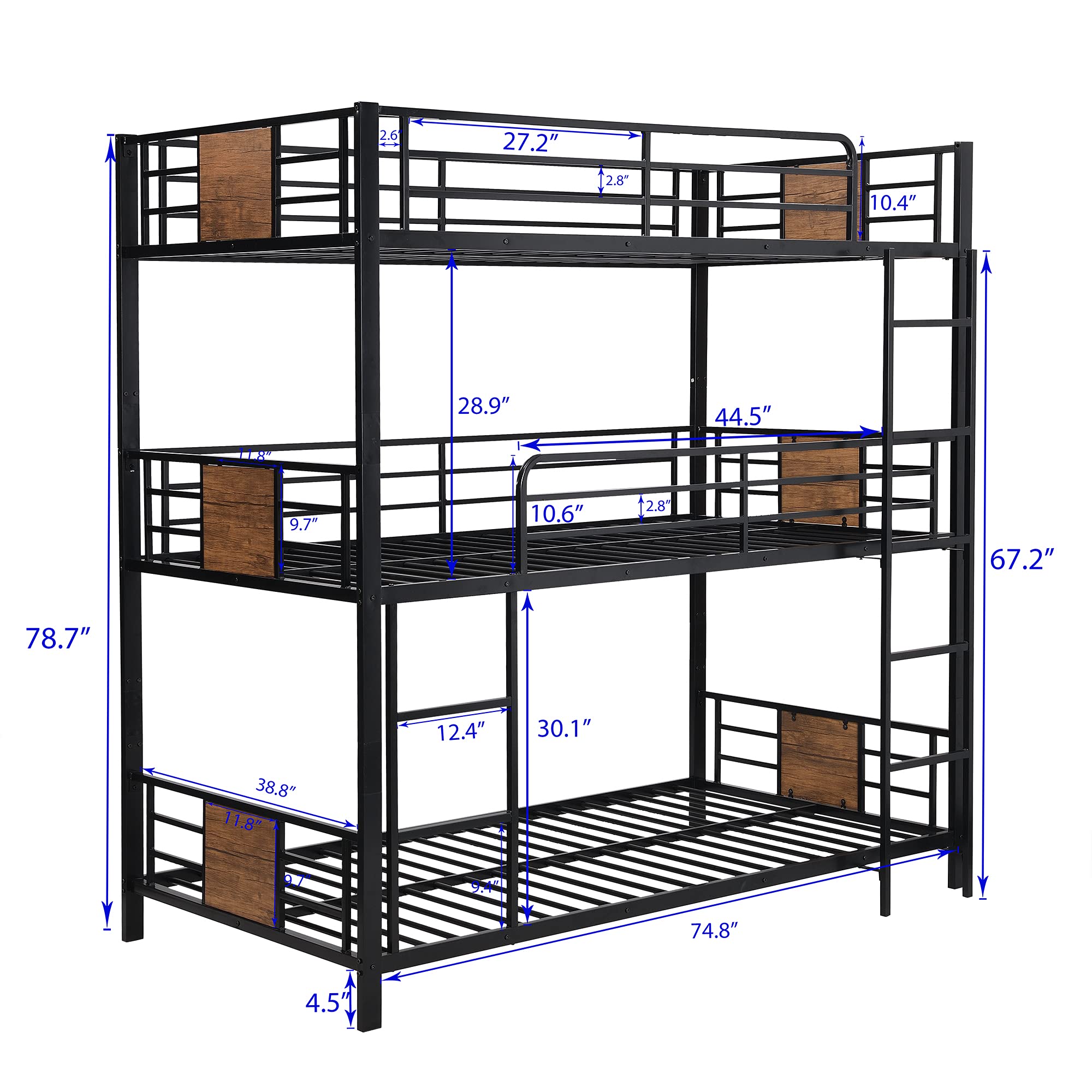 Sturdy Metal Triple Bunk Bed Frame - Twin Over Twin Over Twin with Safety Guardrails & Built-in Ladder - Space-Saving Solution for Kids & Teens (Black/Brown/Steel) - Perfect for Dorms, Hostels, and Shared Kids' Rooms