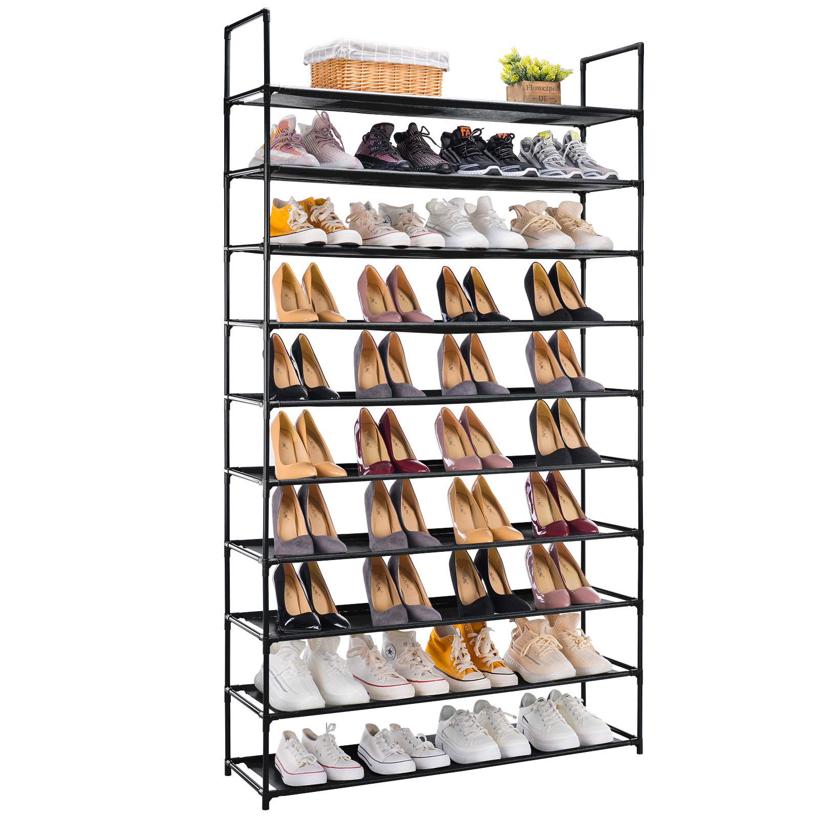 APICIZON 10-Tier Shoe Rack Organizer - Sturdy Metal Frame with Non-Woven Fabric for 50 Pairs Shoe Storage - Space-Saving Shoe Shelf Tower for Closet, Entryway, Garage (Black) - Perfect for Small Spaces & Home Organization