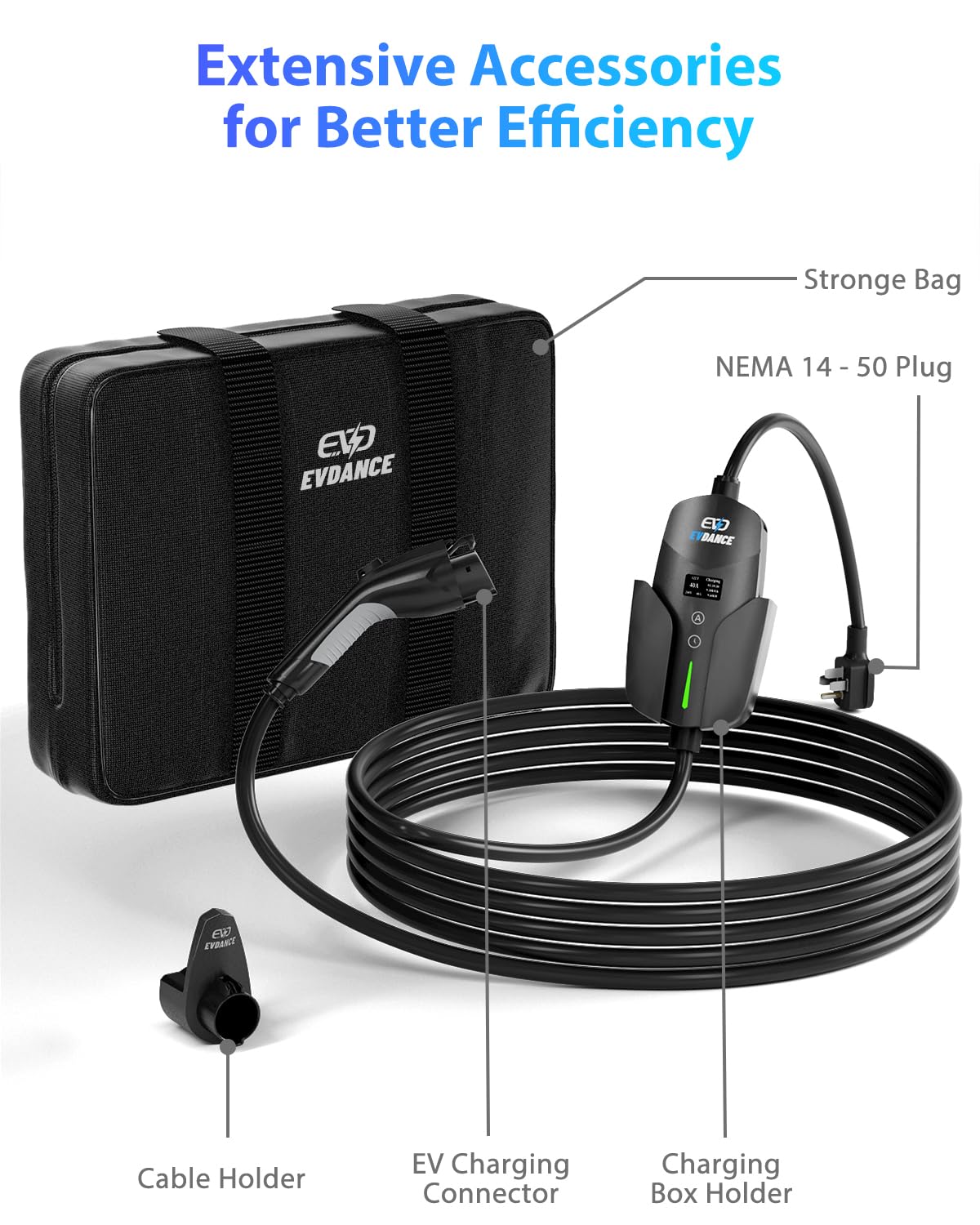 40Amp 240V Level 2 EV Charger with 25ft Cable - NEMA 14-50P Portable Electric Vehicle Charging Station for Home & Outdoor Use | Fast Charging for Tesla, Chevy, Nissan & More