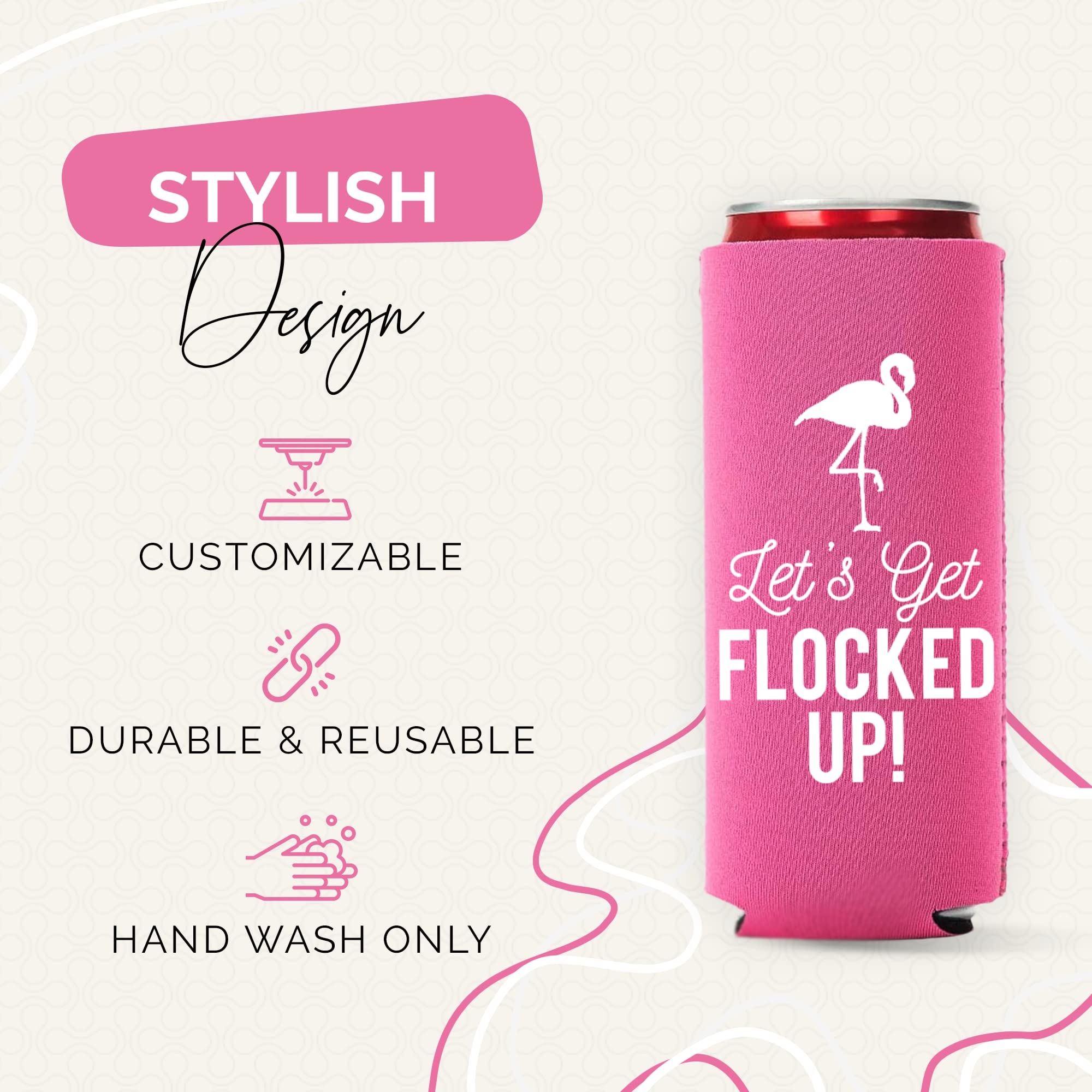 Set of 12 Slim Pink & White Flamingo Can Coolers - Perfect for Flamingo Themed Parties, Bachelorette Events & Bridal Showers - Keep Drinks Cold at Pool Parties & Summer Gatherings