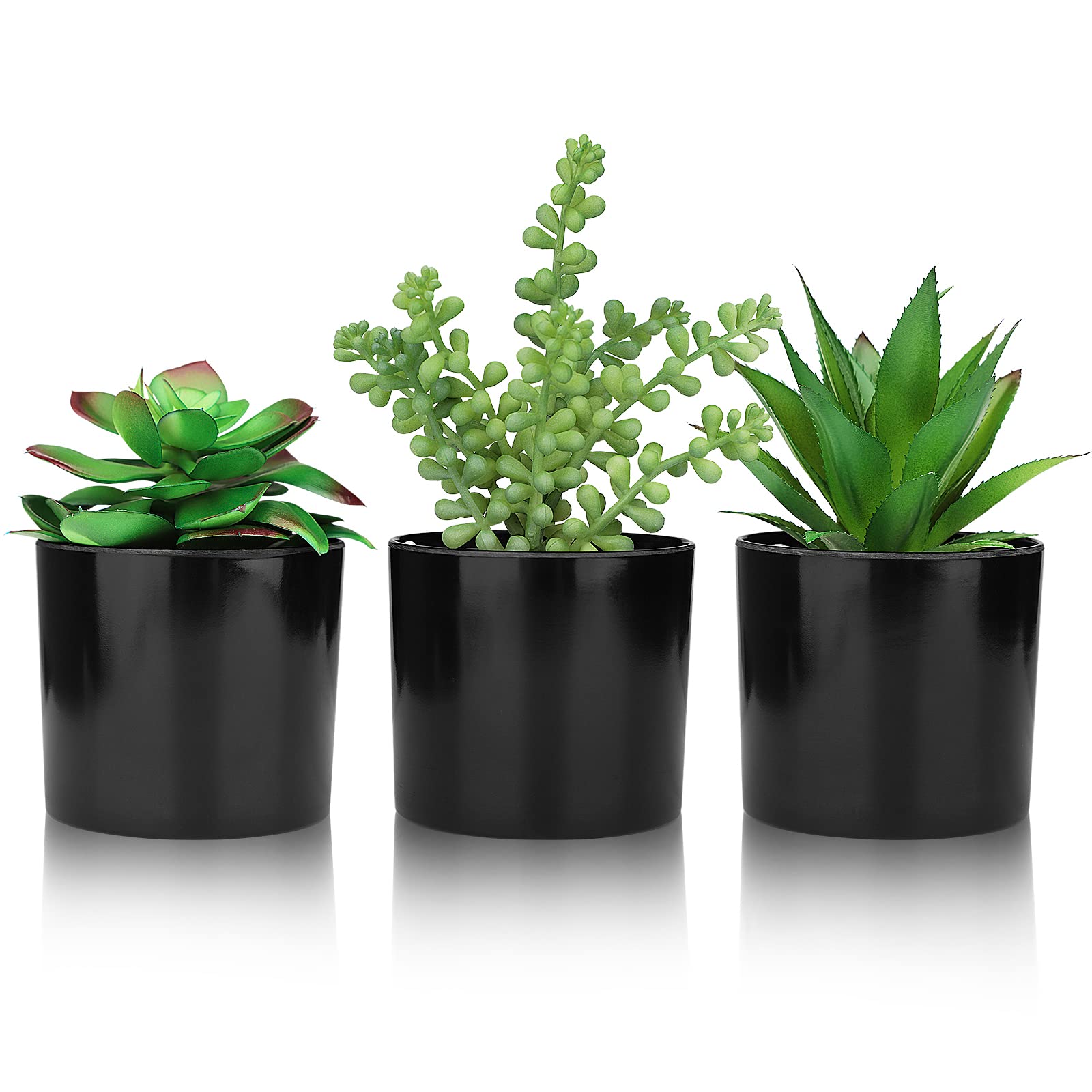 Hopewood Artificial Succulent Plants in Black Pot - Set of 3, Realistic Fake Potted Plants for Home Office Desk, Bookshelf, Kitchen & Bathroom Decor - Low Maintenance Indoor Greenery for Modern Spaces