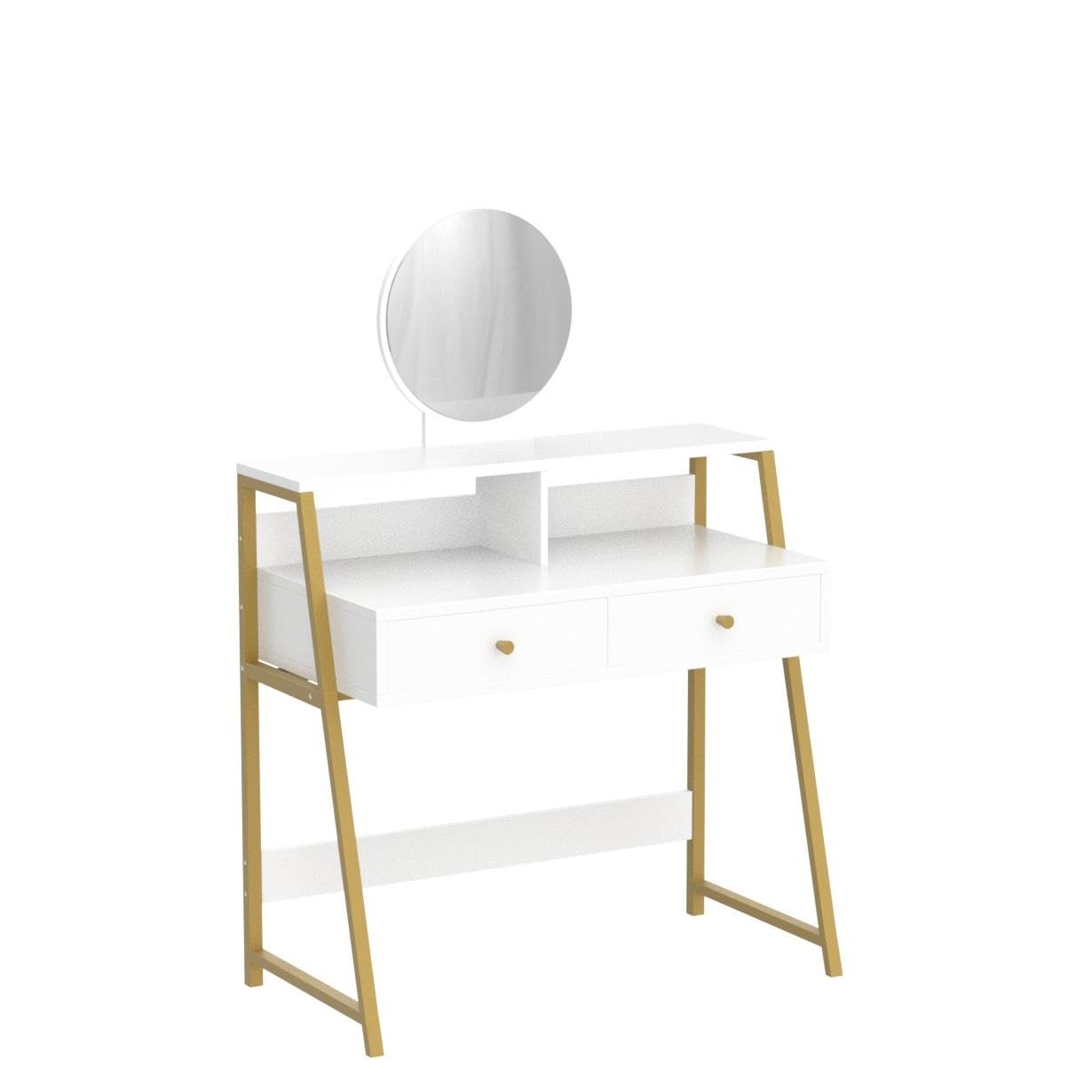 RAAMZO Vanity Table Set with Mirror, USB & Power Outlet - White & Champagne Gold Makeup Desk with 2 Drawers, Laptop Computer Desk & Metal Frame - Perfect for Women & Girls' Bedroom, Dressing Room or Home Office