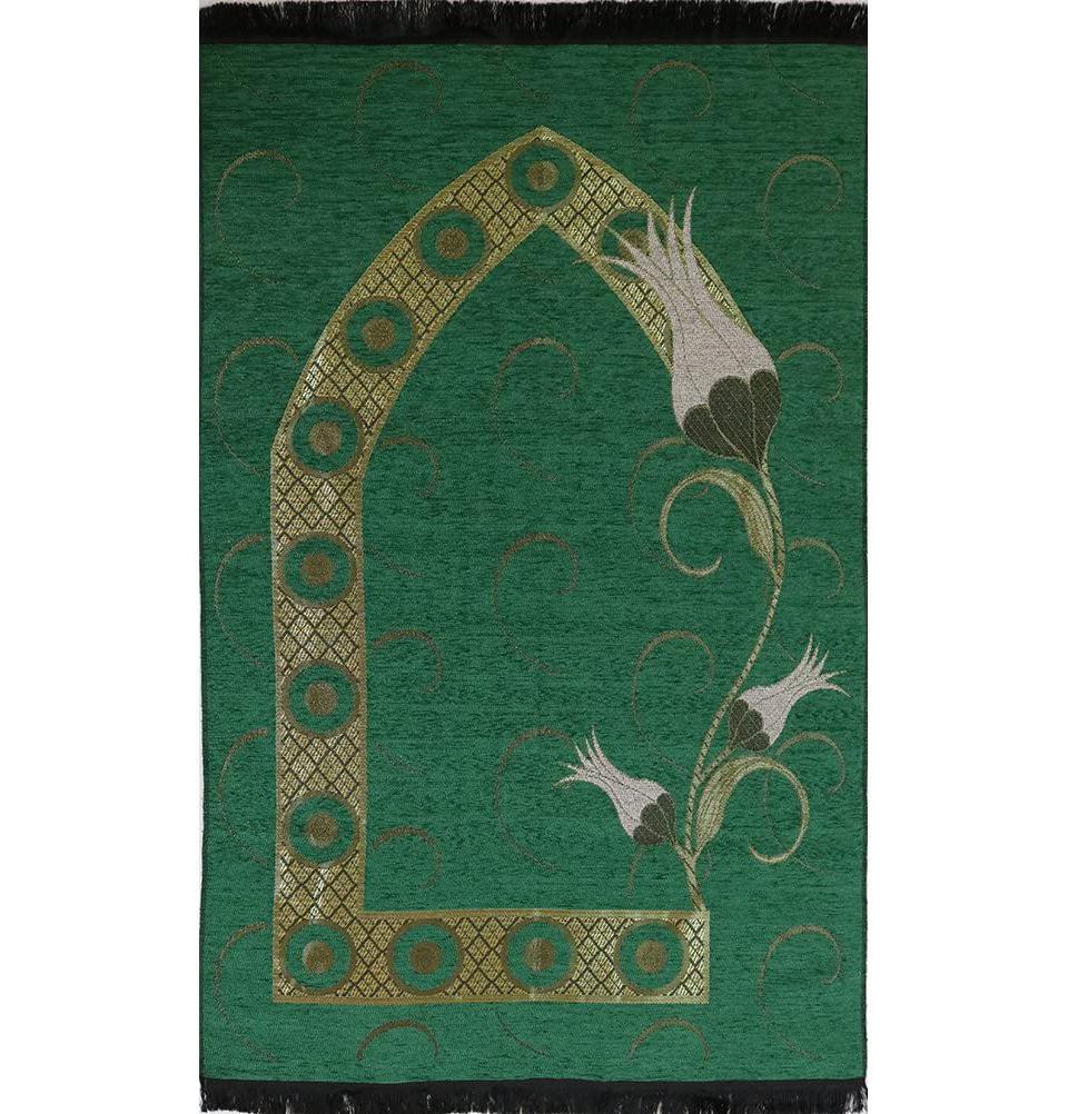 Premium Chenille Woven Islamic Prayer Rug - Turkish Tulip Green Design for Muslim Prayer & Meditation | Perfect for Home, Mosque, and Travel Use