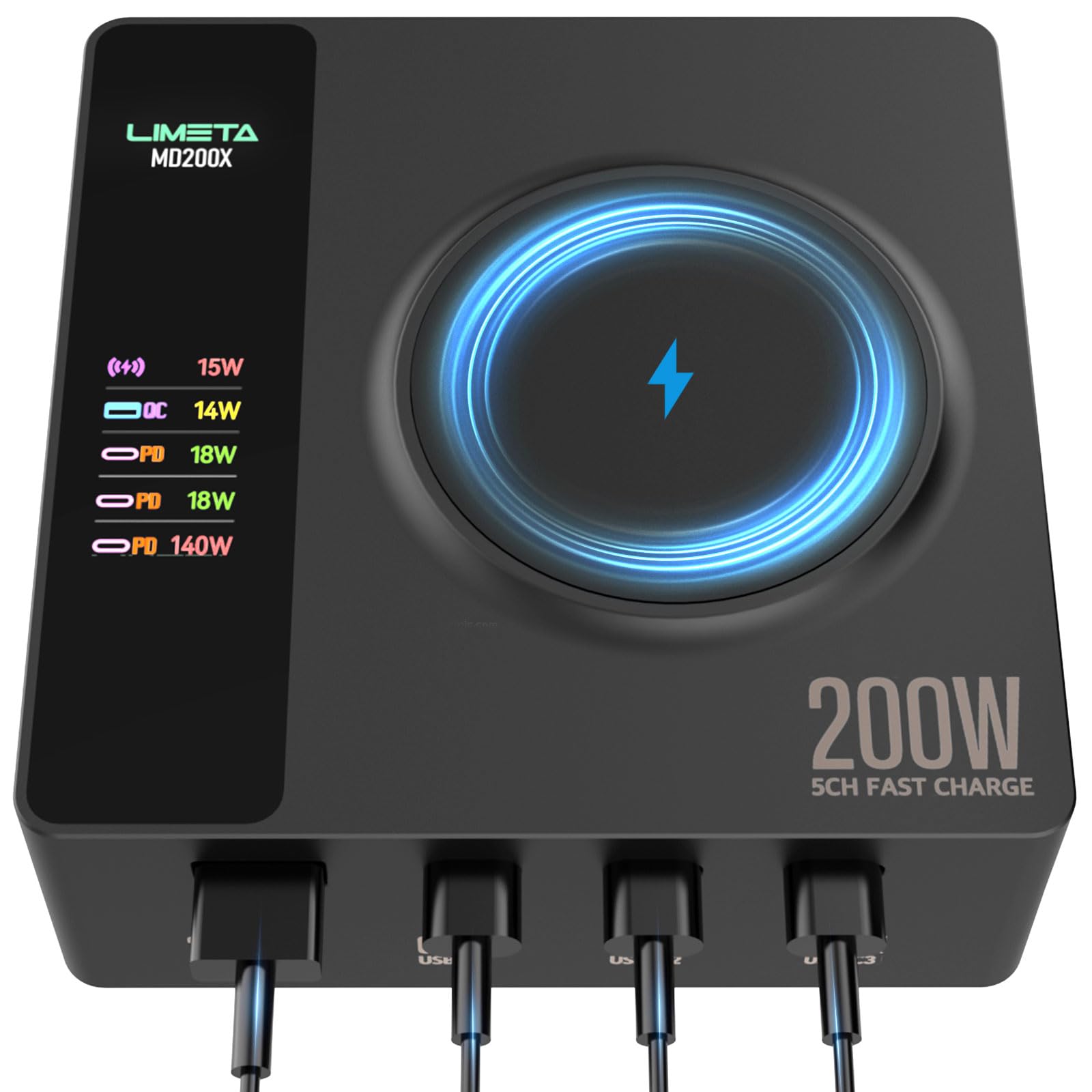 LIMETA 200W 5-in-1 USB Charging Station with 140W USB-C PD3.1, Wireless Charger & LCD Display - Fast Charger for iPhone, iPad, Apple Watch, Android & Multiple Devices - Perfect for Home, Office & Travel Use