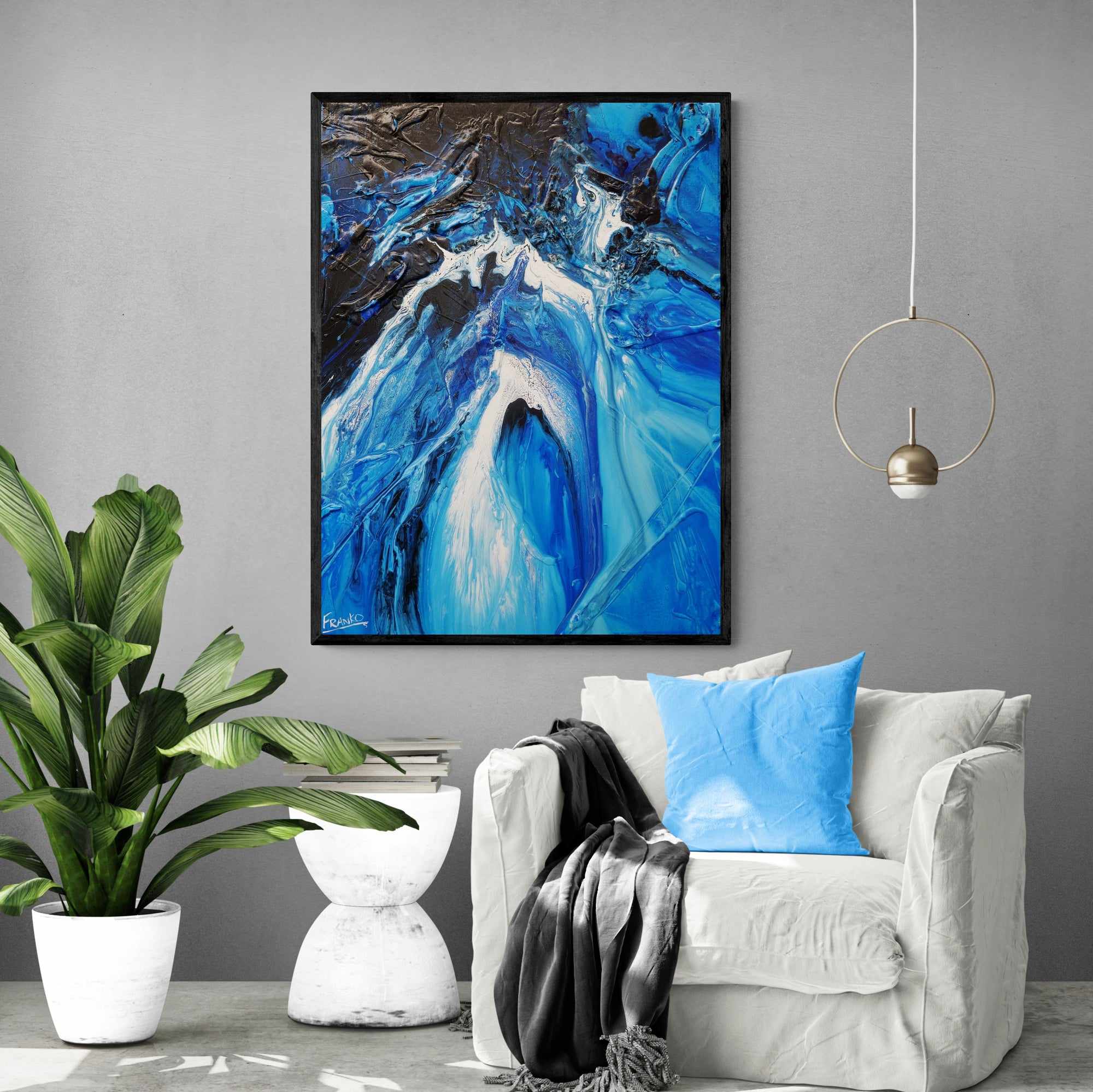 Midnight Blue 75cm x 100cm Textured Abstract Wall Art Painting - Blue and White Modern Canvas Art for Living Room, Bedroom, Office Decor