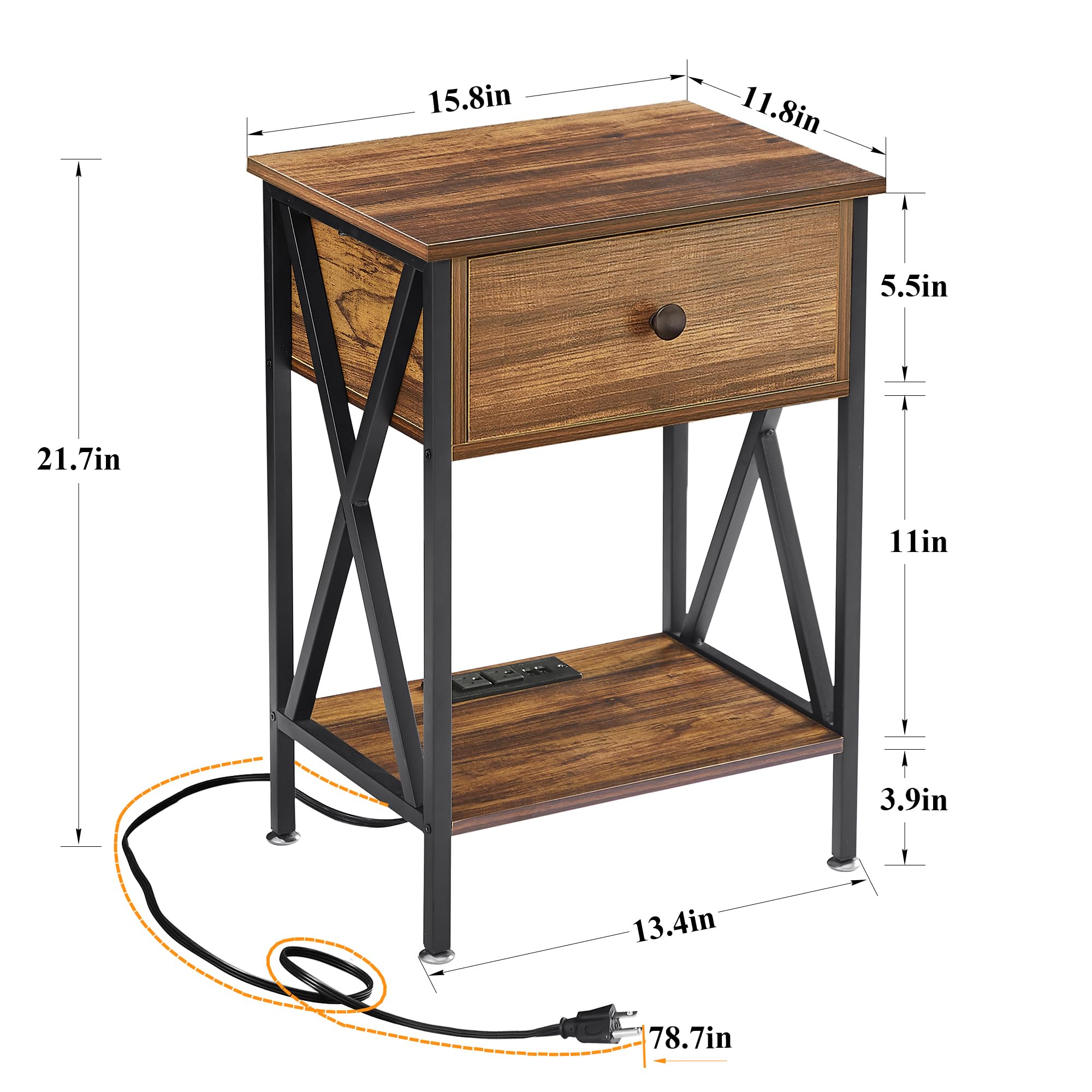 VECELO 2-Pack Modern Nightstands with Charging Station, USB Ports & Outlets, Bedside End Tables with Drawers for Bedroom & Living Room - Retro Brown - Perfect for Small Spaces & Apartment Living
