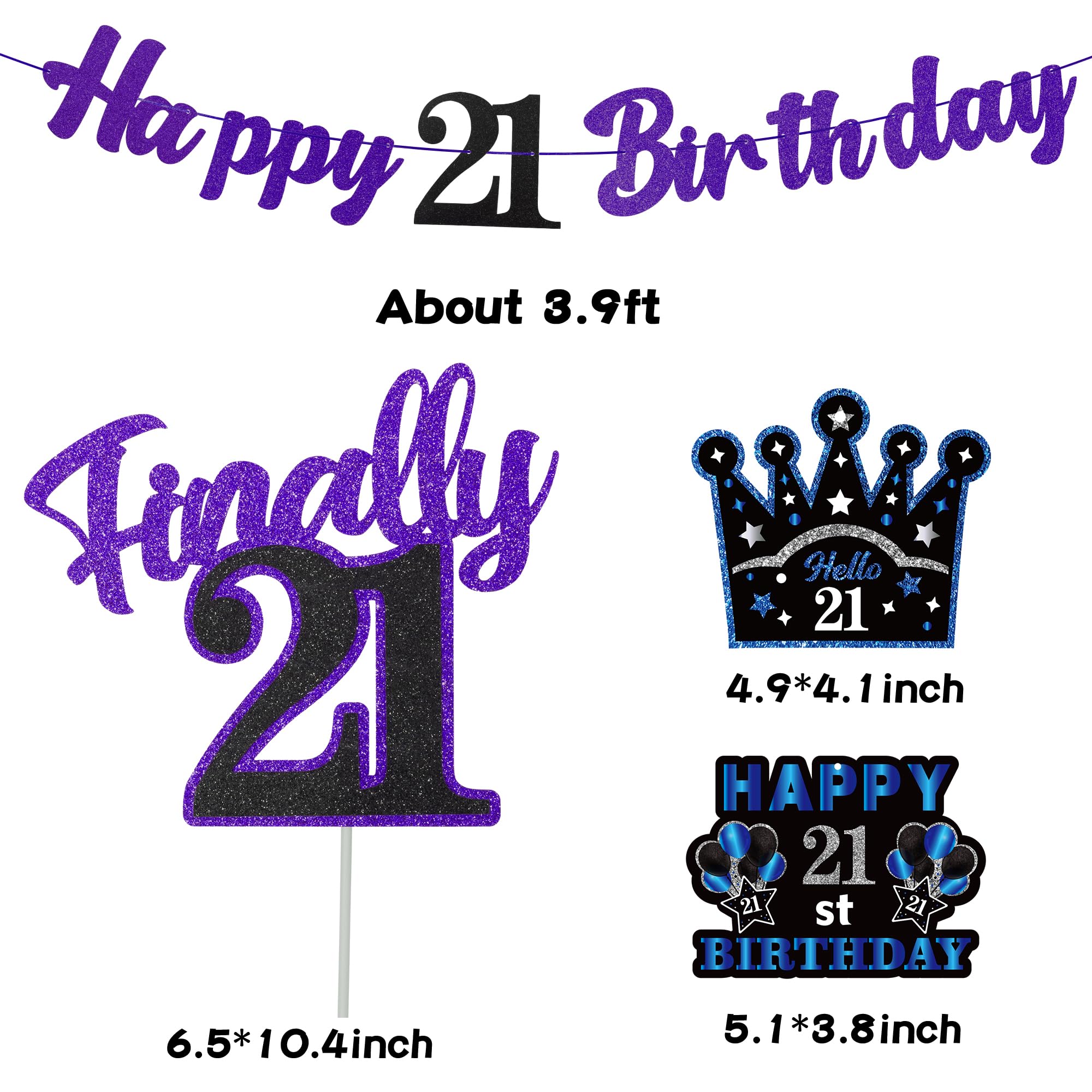 WATINC 42pcs Blue Purple Birthday Party Decorations Kit - Glitter Hanging Garland, Swirls Sign & Cake Topper for 21st Birthday Celebrations | Perfect for Home Decor, Table Centerpieces & Milestone Parties