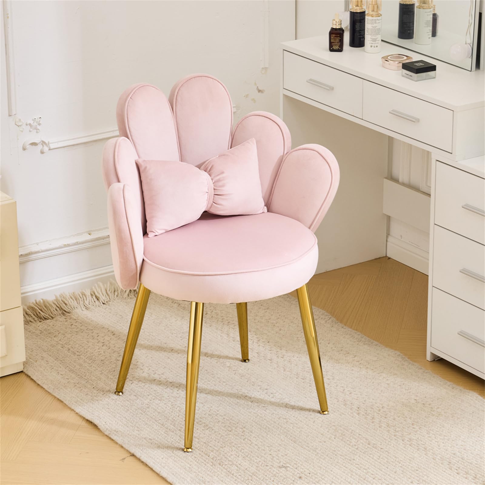 VINGLI Pink Velvet Petal Makeup Vanity Chair with Back - Cute Flower Design, No Wheels, Adjustable Gold Legs & Bow Pillow - Modern Accent Chair for Girls Bedroom, Home Office, Dressing Room & Dining Area