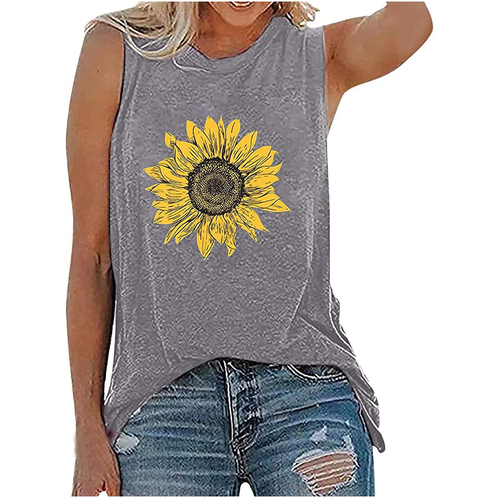 Women's Workout Tank Tops - Sunflower Print Casual Basic Summer Tops for Women | Gym, Yoga, Running & Beach Wear
